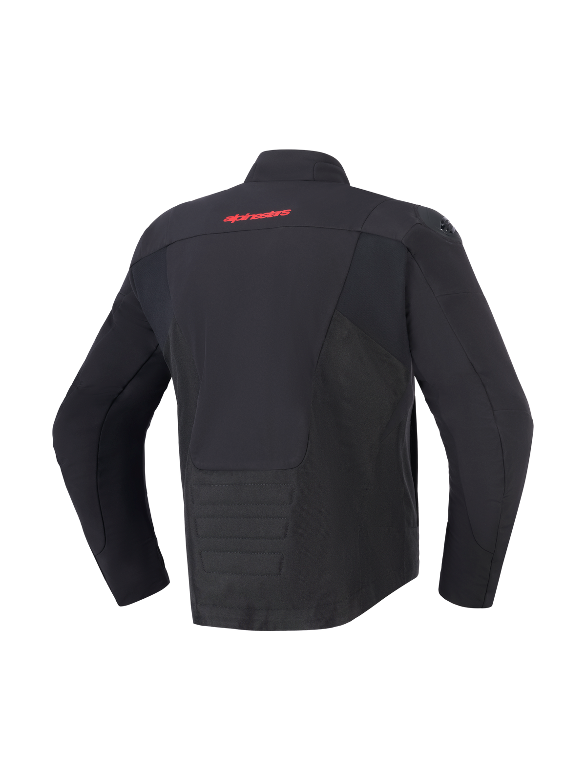 Casaco Impermeável Alpinestars SMX, preto, vista traseira com logótipo Alpinestars vermelho na parte superior das costas, bainha traseira alongada para maior cobertura, painéis em tecido e softshell, equipamento de proteção de motociclismo para condução em estrada e desportiva.