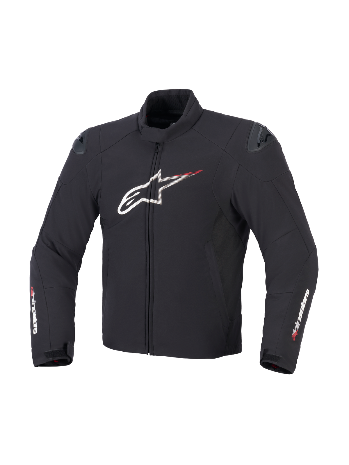 Casaco Alpinestars SMX Waterproof em preto, branco e vermelho brilhante, vista frontal mostrando a construção têxtil, grande logótipo Astar branco no peito com linhas de velocidade vermelhas, sliders de ombro externos DFS lite e marca Alpinestars nas mangas.