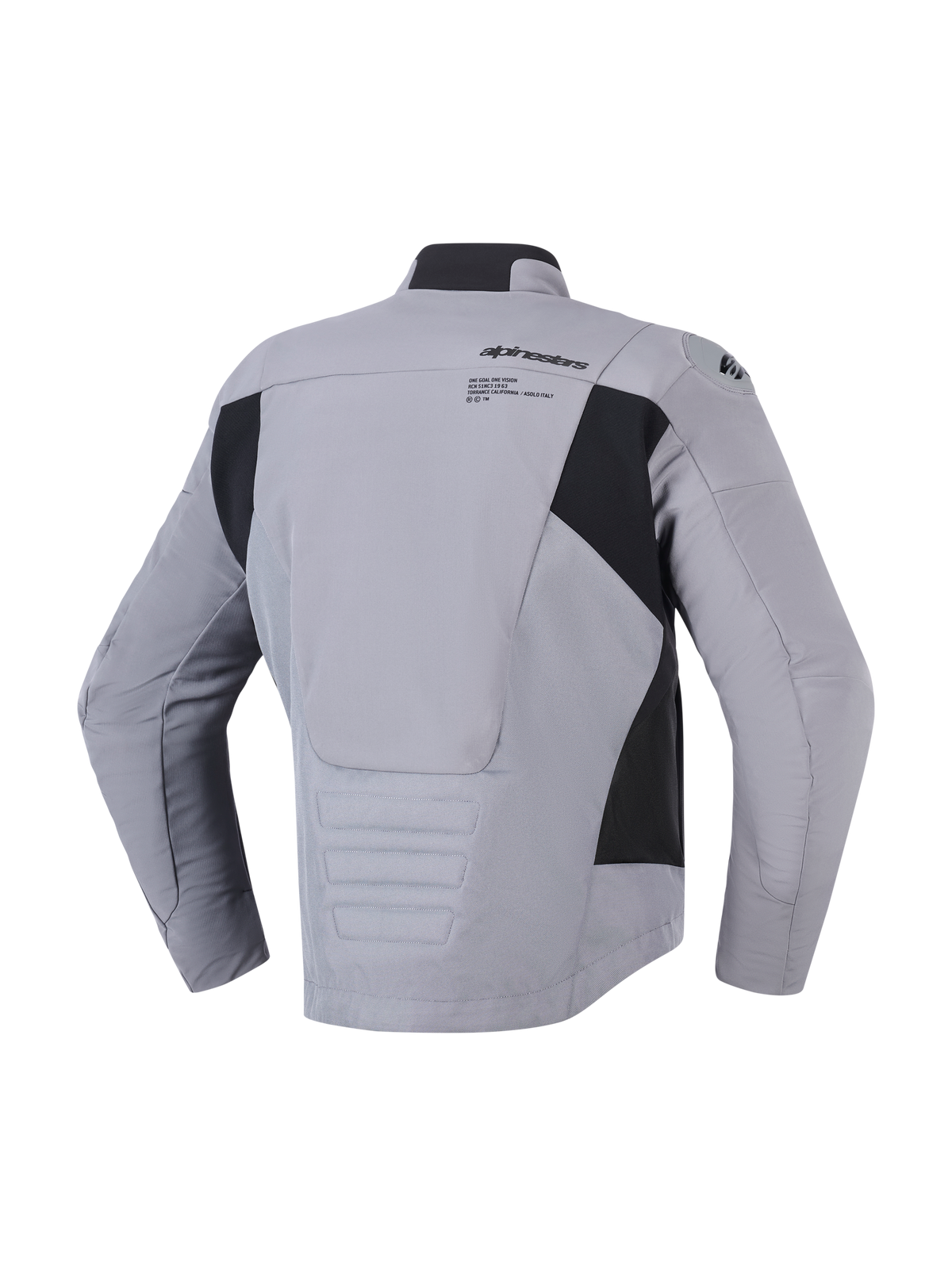 Alpinestars SMX Waterproof Jacket em cinzento escuro e preto, vista traseira mostrando a construção em têxtil e softshell, logótipo e grafismo Alpinestars na parte superior das costas, painéis laterais pretos e perfil traseiro alongado para cobertura, casaco desportivo de estrada para motociclismo.