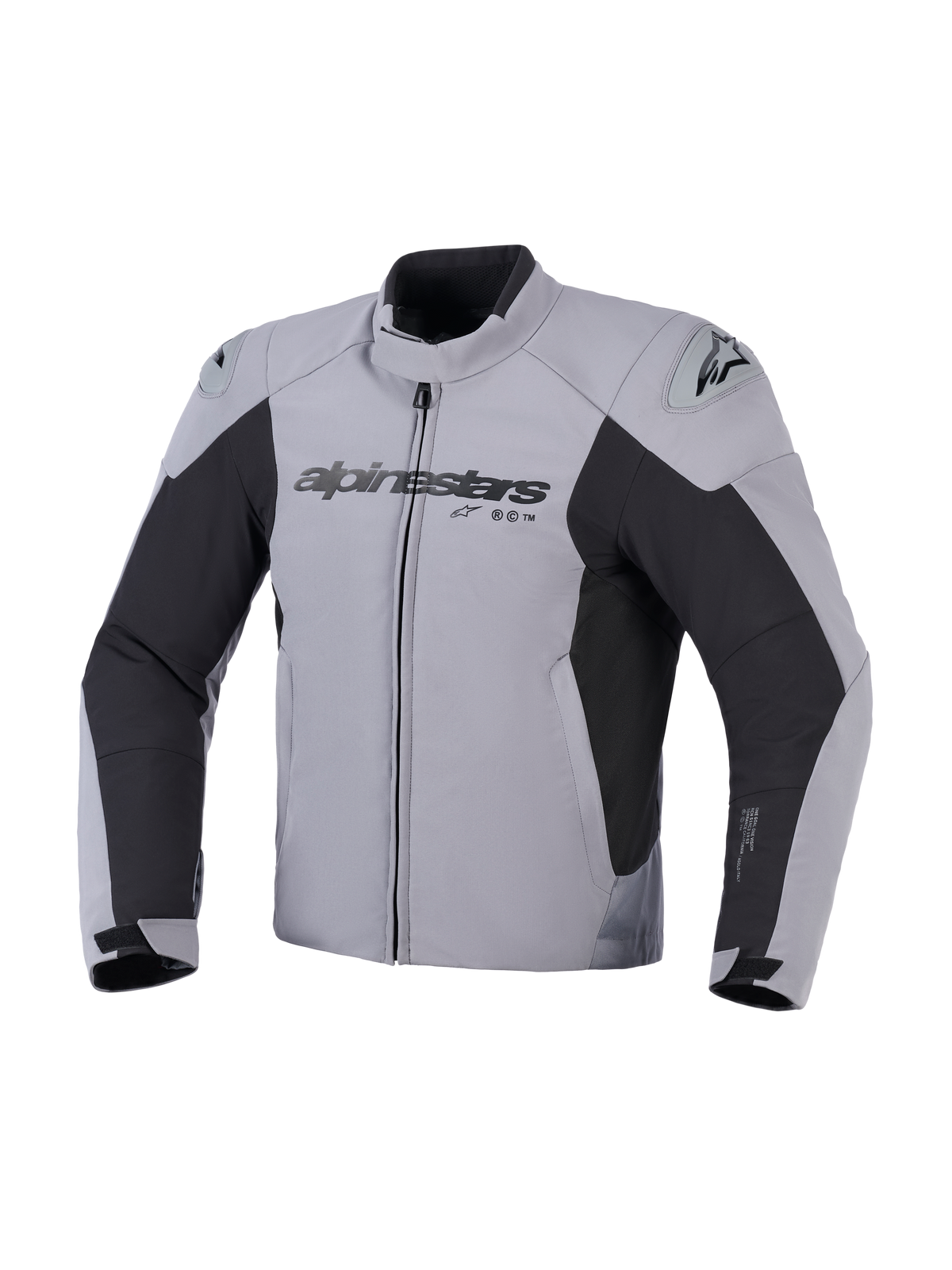 Alpinestars SMX Waterproof Jacket, casaco de motociclismo, cinzento escuro e preto, vista frontal com logótipo Alpinestars no peito e protetores de ombro DFS Lite, design têxtil de corte desportivo para condução em estrada
