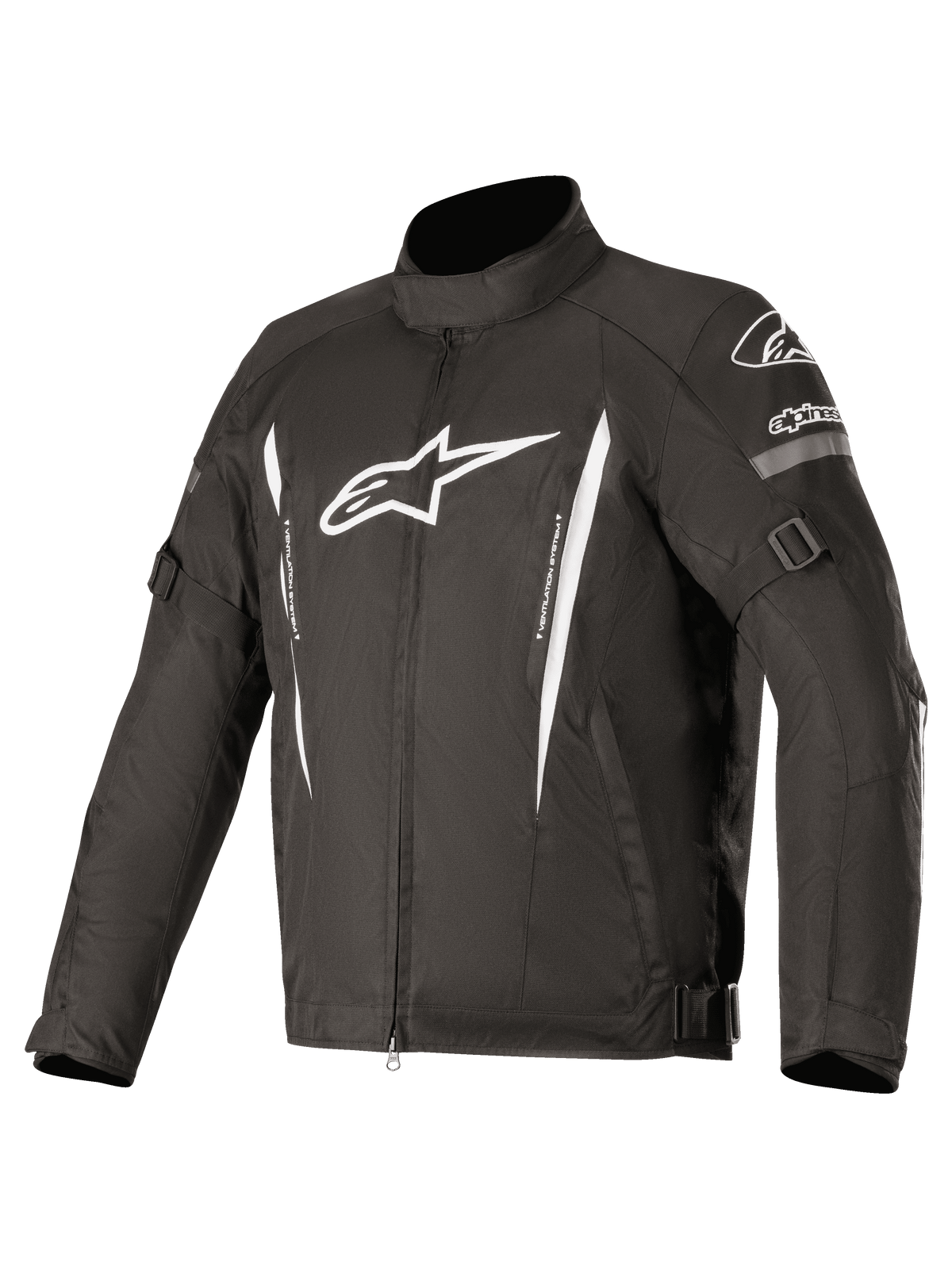 Alpinestars Gunner V2 Waterproof Jacket, casaco de motociclismo em tecido preto com logótipos brancos e riscas verticais, inclui correias ajustáveis nos braços e na cintura, gola alta, fecho frontal, proteção durável e impermeável para condução