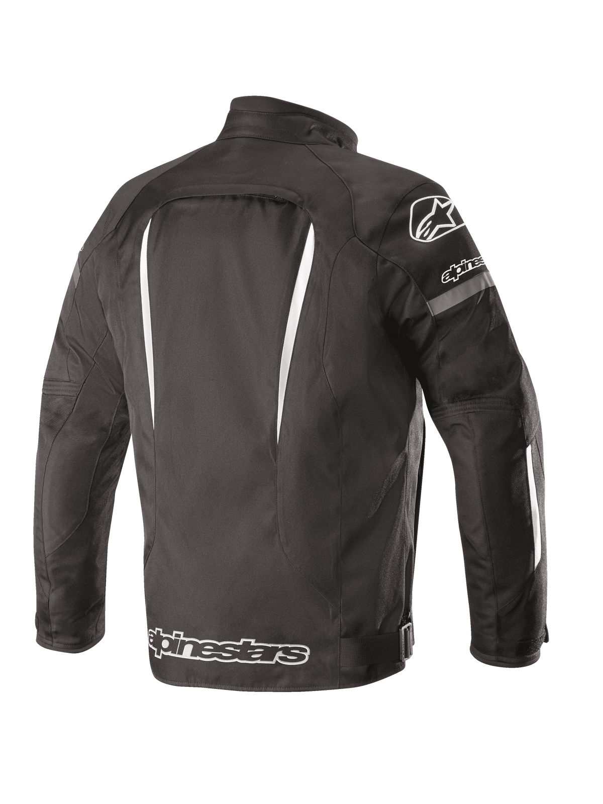 Jaqueta Alpinestars Gunner V2 Impermeável, vista traseira, preta e branca, construção têxtil com detalhes brancos verticais, logótipo Alpinestars grande na parte inferior das costas e logótipo A-star no ombro, equipamento de condução urbana
