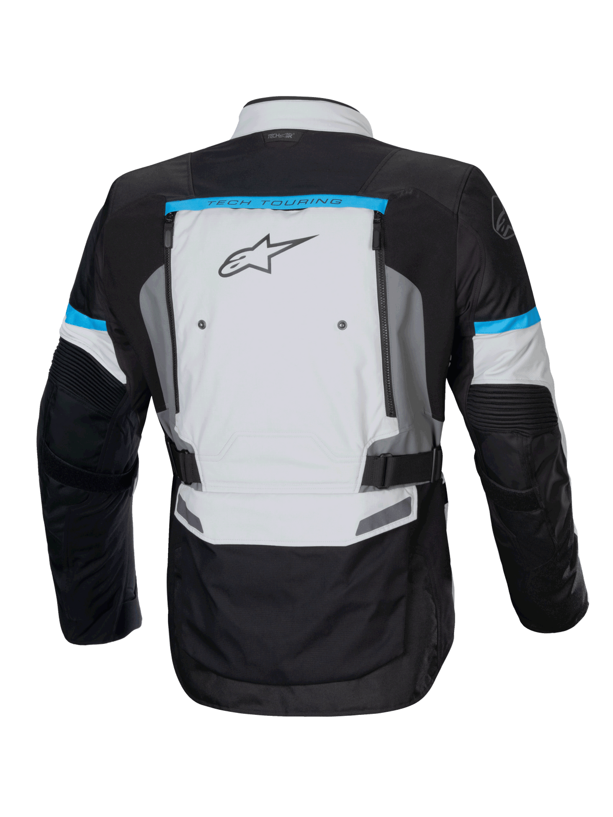 Alpinestars Jaqueta Bogota' Pro Drystar, casaco de moto cinzento e preto com detalhes ciano e ventilação traseira.