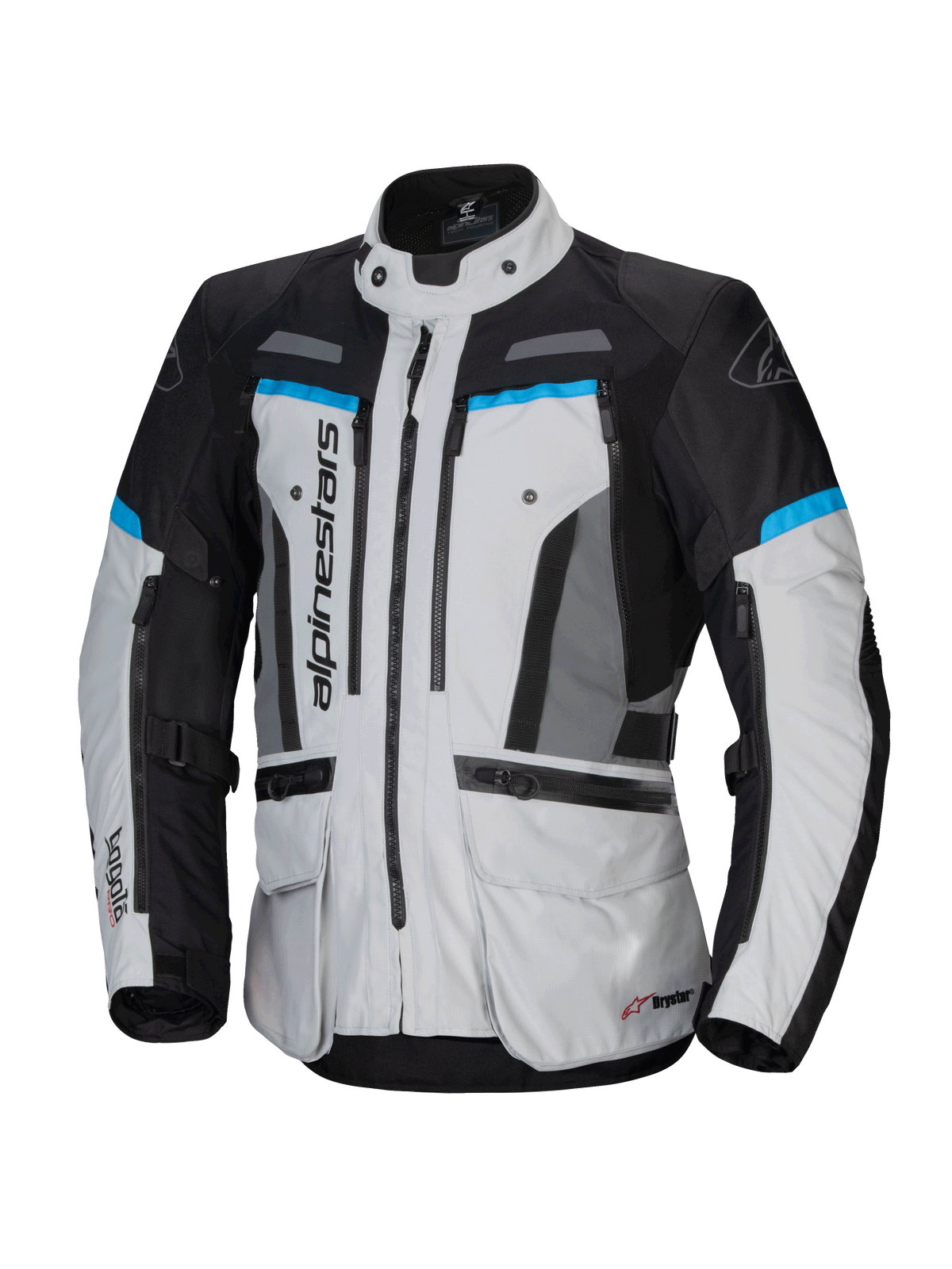 Alpinestars Bogota' Pro Drystar®, casaco de moto touring para homem, cinzento gelo e preto com ciano, têxtil impermeável.