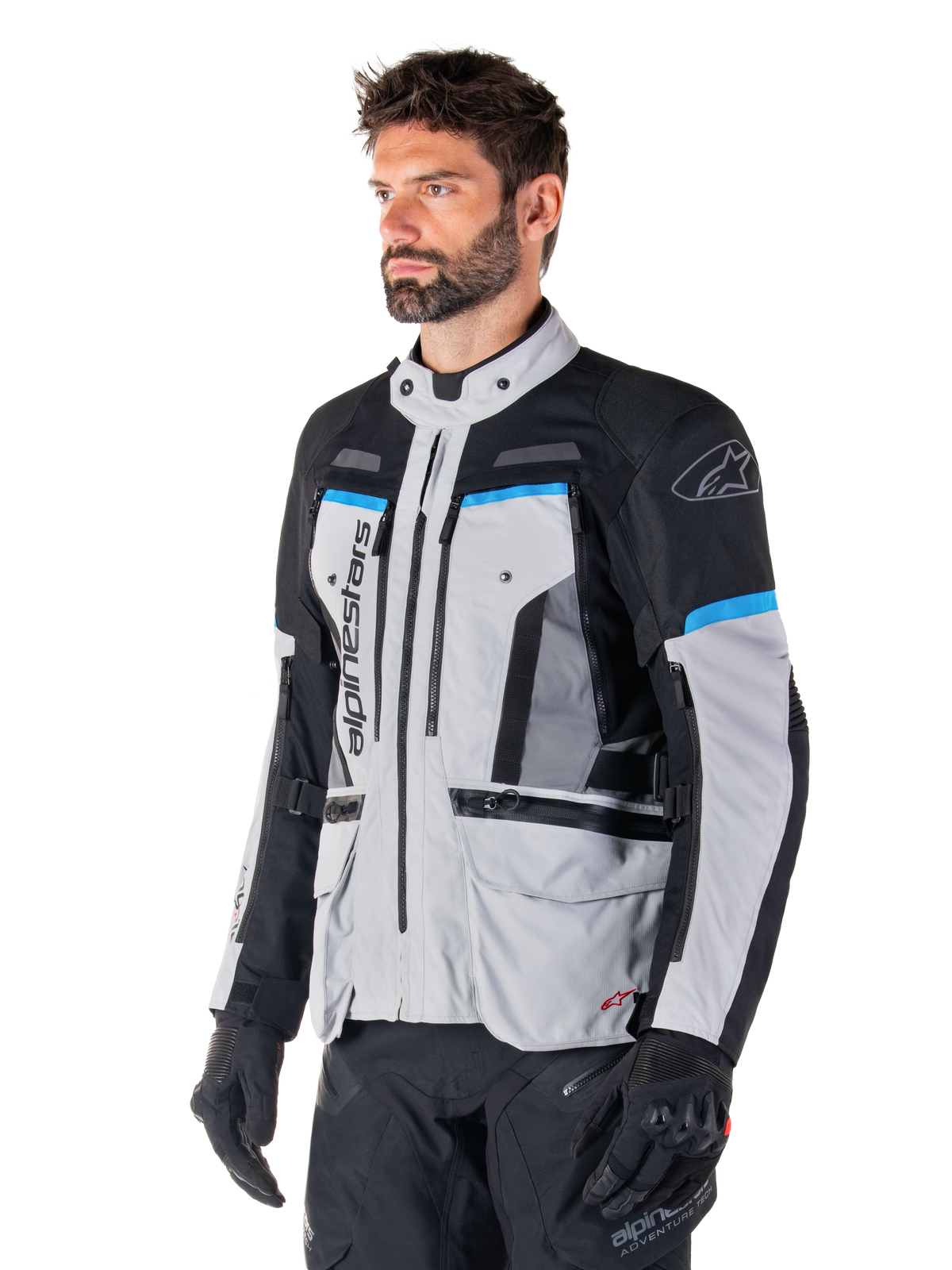 Alpinestars Bogota' Pro Drystar®, casaco de moto de aventura para homem, cinzento gelo, preto e ciano, têxtil técnico.