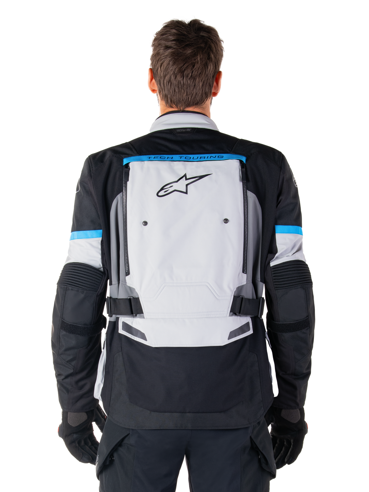 Alpinestars Bogota' Pro Drystar®, casaco de moto para aventura e touring, masculino, cinzento gelo e preto, vista traseira.