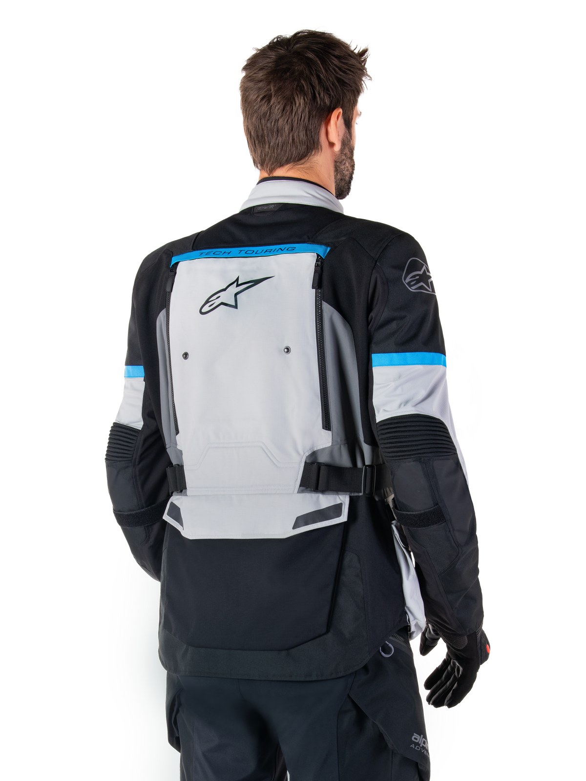 Alpinestars Bogota' Pro Drystar®, casaco de moto de aventura para homem, cinzento gelo, preto e ciano, têxtil, vista traseira.