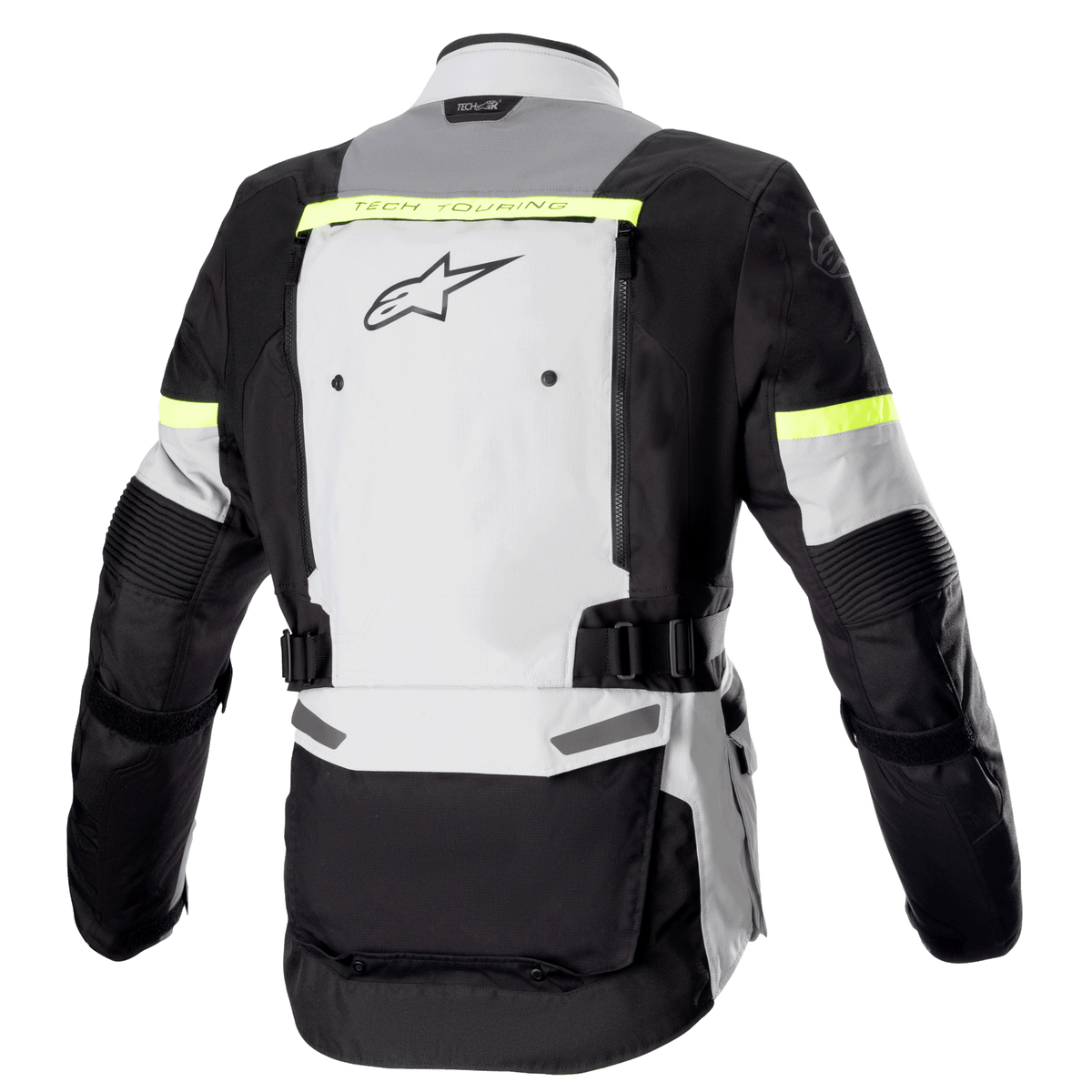 Alpinestars Bogota' Pro Drystar® Jacket, rear view, Ice Gray Dark Gray and Yellow Fluo, featuring a large back ventilation panel, fluorescent yellow reflective accents, and adjustable waist straps, motorcycle adventure touring gear