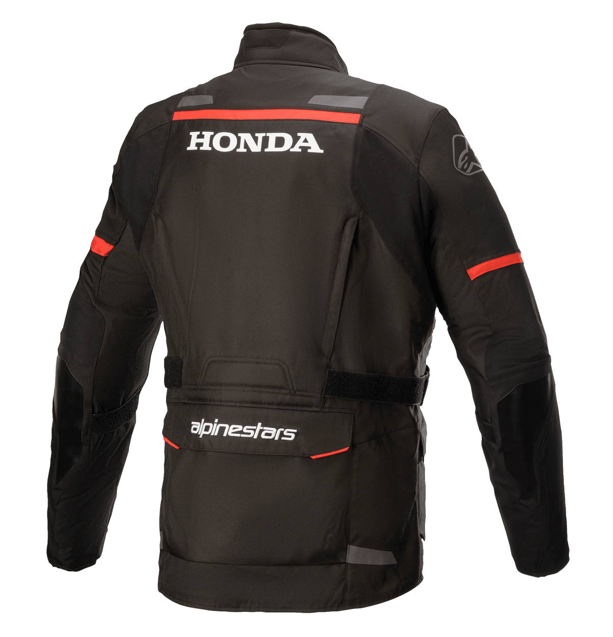 Casaco Alpinestars Honda Andes V3 Drystar®, preto, vista traseira com logótipos Honda e Alpinestars a branco, riscas vermelhas nos ombros e mangas, casaco de motociclismo adventure touring com detalhes refletores e um grande bolso utilitário traseiro