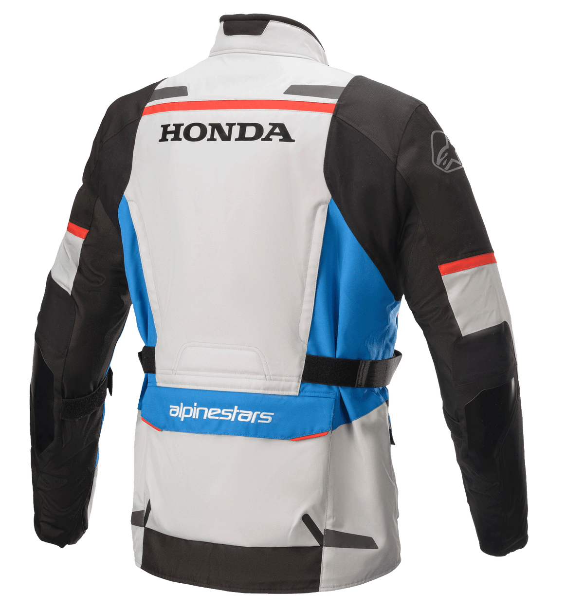 Jaqueta Alpinestars Honda Andes V3 Drystar®, jaqueta têxtil de aventura e touring, cinzento gelo, azul e vermelho vivo, vista traseira com logótipos Honda e Alpinestars, com mangas pretas, detalhes em azul e tiras de ajuste na cintura