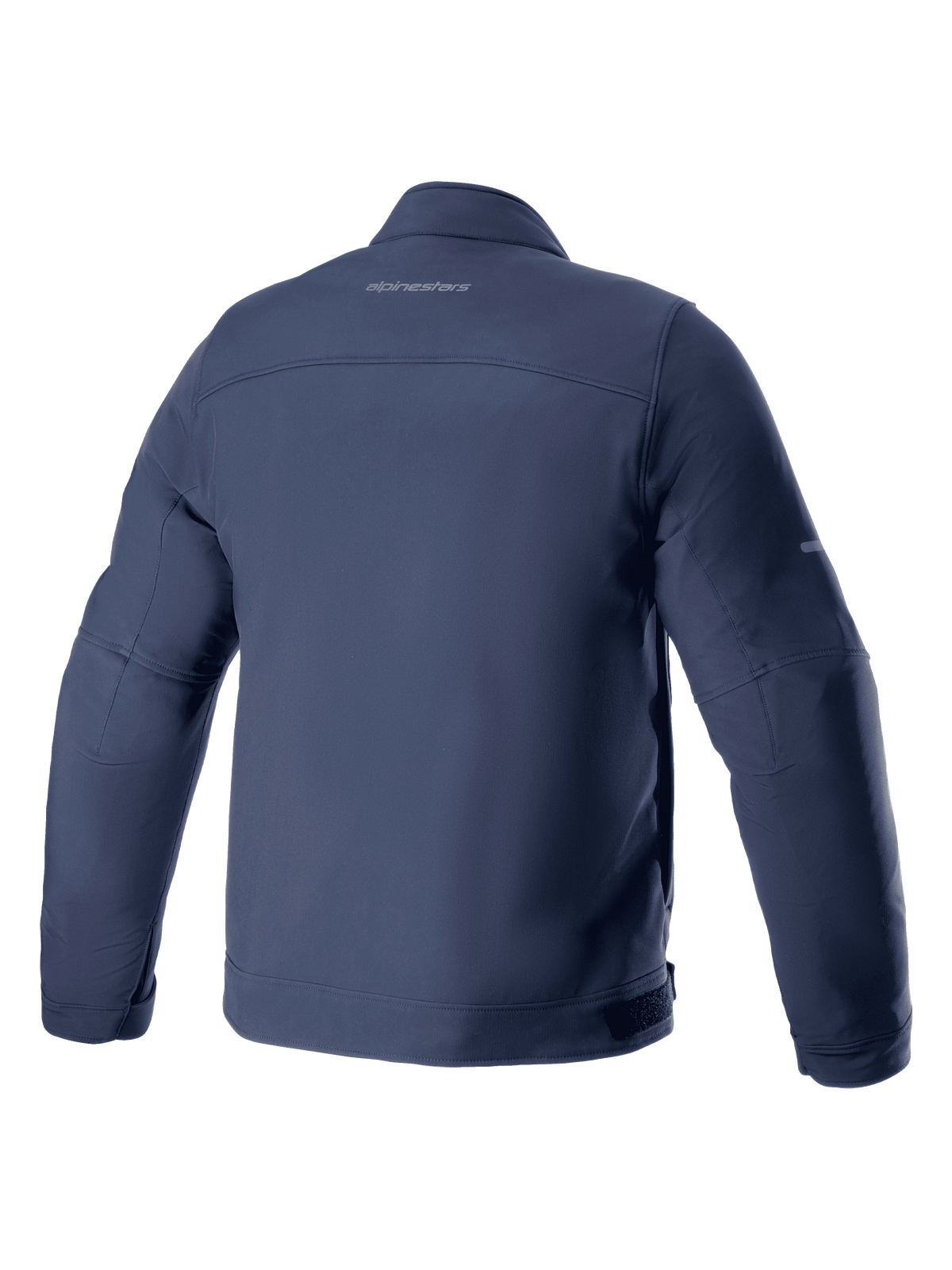 Casaco Alpinestars Husker Waterproof, casaco de motociclismo, azul Night Navy, vista traseira, têxtil softshell elástico com logótipo discreto na parte superior das costas, estilo urbano com propriedades impermeáveis e corta-vento