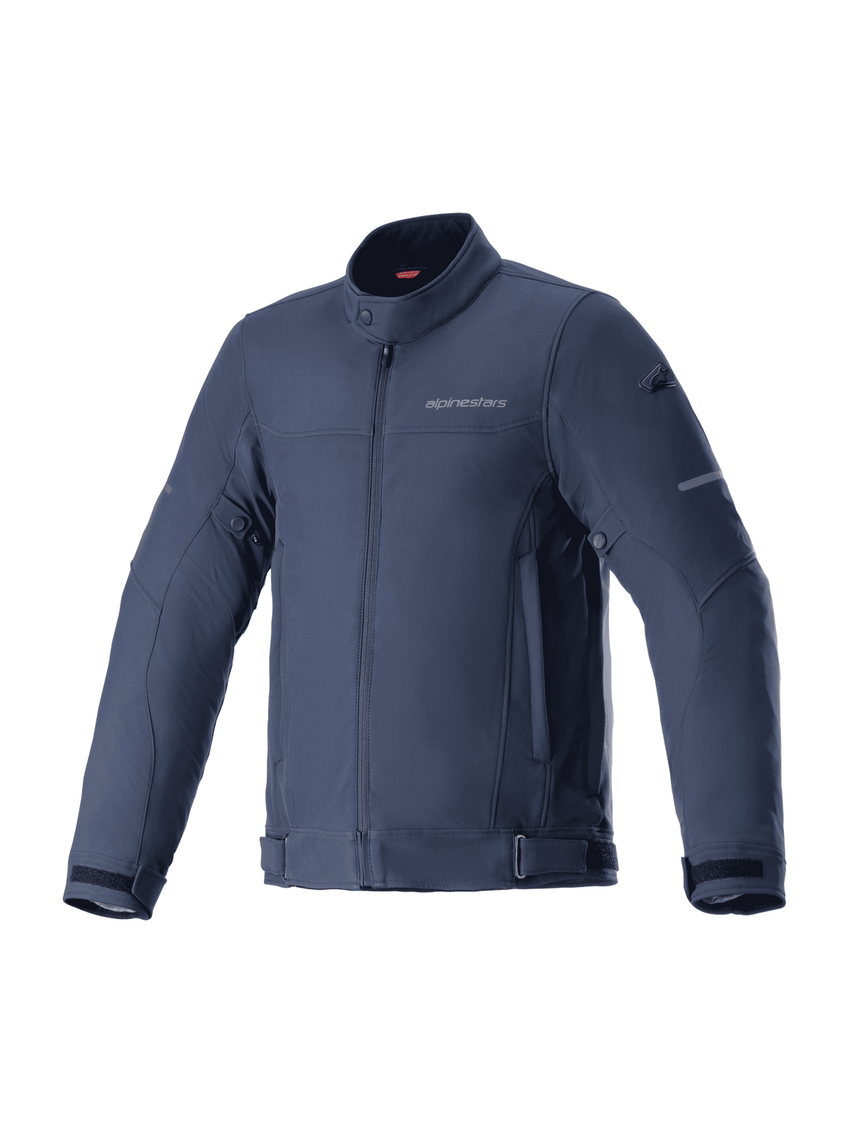 Alpinestars Husker Waterproof Jacket, casaco de moto, Night Navy, softshell elástico azul-escuro com colarinho alto e fecho frontal, ajustes na cintura e mangas, logótipo discreto no peito, equipamento para deslocações urbanas e condução em estrada