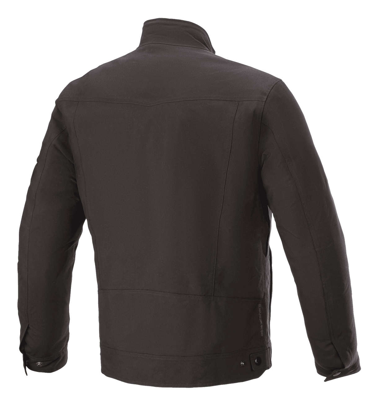 Casaco Alpinestars Solano Waterproof, preto, vista traseira, casaco de motociclismo urbano casual, construção têxtil impermeável, gola reta, detalhe subtil do logótipo na parte inferior das costas