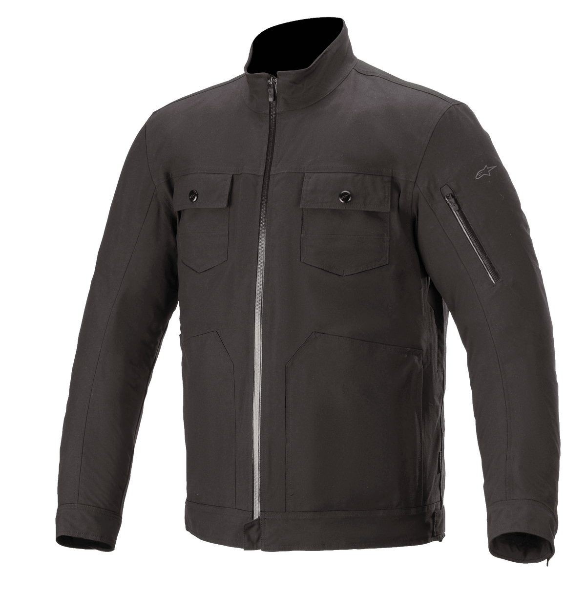Alpinestars Solano Waterproof Jacket, casaco de motociclismo urbano, preto, gola alta direita com fecho central impermeável, dois bolsos no peito com botões, bolso com fecho na manga, construção têxtil casual com acabamento liso