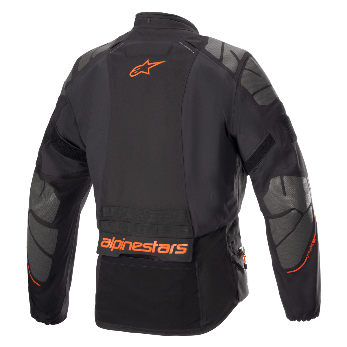 Alpinestars AMT-10R Drystar® XF Jacket, casaco de motociclismo de aventura, preto com logótipo Alpinestars laranja e painéis cinzentos de Superfabric nos ombros e cotovelos, vista traseira, equipamento técnico multiestação