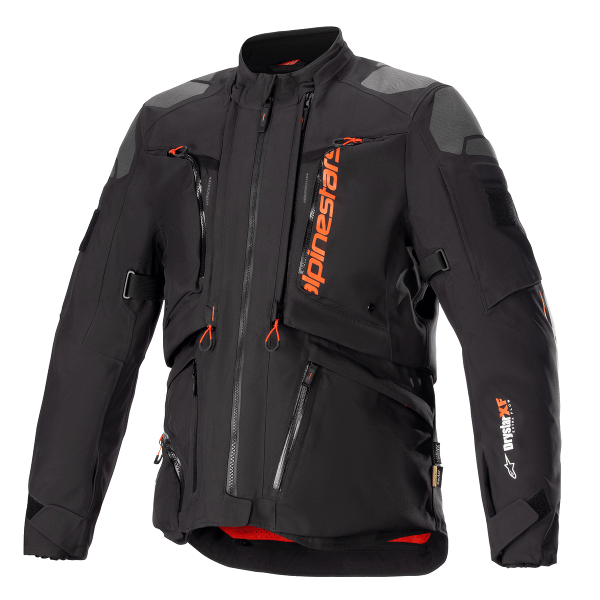Casaco Alpinestars AMT-10R Drystar XF, preto e laranja, casaco de motociclismo de turismo de aventura, patches cinzentos nos ombros, múltiplos fechos de correr com puxadores laranja, correias ajustáveis, forro interior vermelho, equipamento de proteção técnica