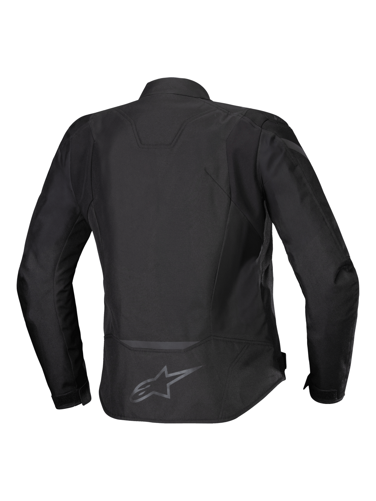 Casaco Alpinestars Stella T-Jaws V4 Waterproof, casaco de motociclismo têxtil para mulher, preto, vista traseira mostrando a silhueta desportiva ergonómica, detalhes refletores e logótipo na parte inferior das costas.