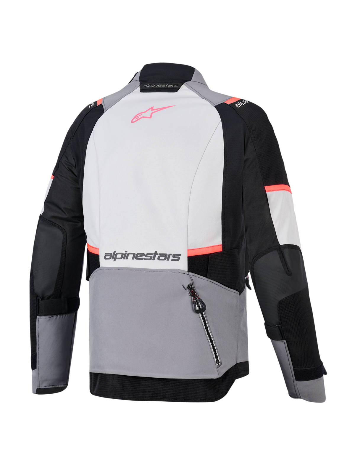Alpinestars Stella Andes V4 Drystar, casaco de aventura para mulher, cinzento e preto, vista traseira com bolso posterior.