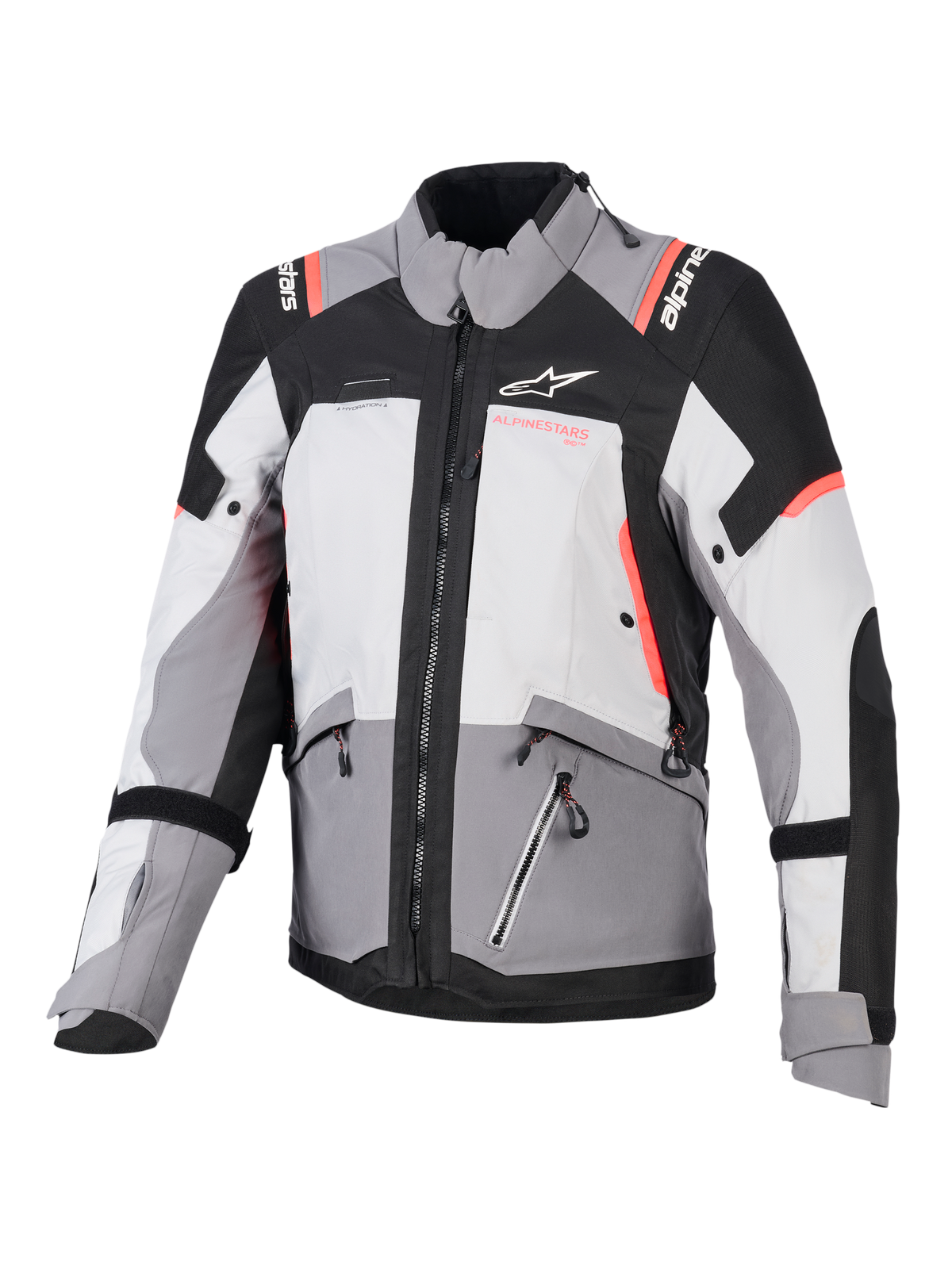 Alpinestars Stella Andes V4 Drystar®, casaco de moto para mulher, cinzento e preto, detalhes coral fluorescente, impermeável.