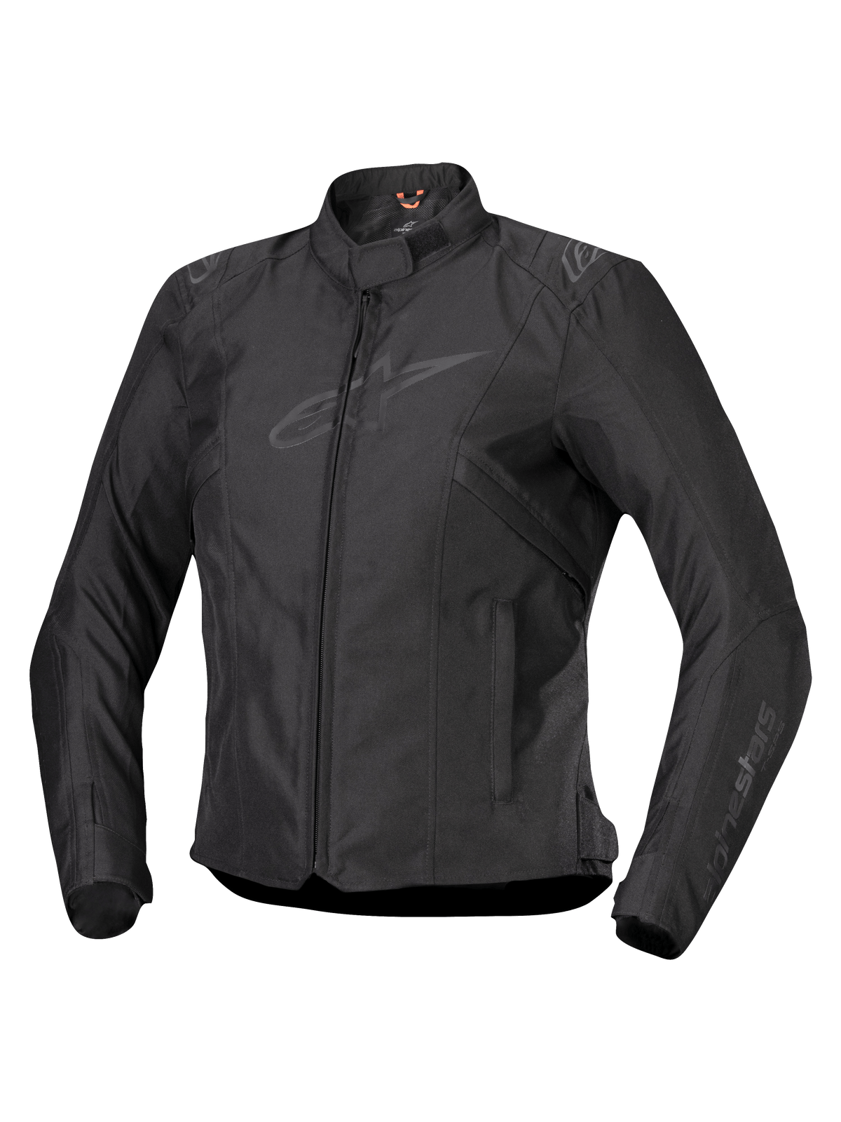 Alpinestars Stella T-SPS V2 Waterproof Jacket, Women's Motorcycle Jacket, Black, front zipper closure, low profile collar, subtle logos on chest and sleeves, durable textile fabric with a fitted sport silhouette, professional riding gear