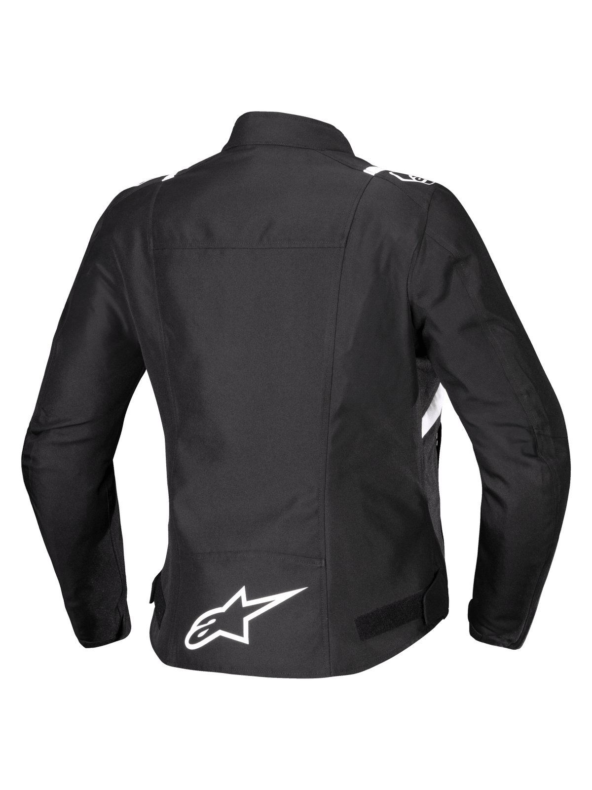 Alpinestars Stella T-SPS V2 Waterproof Jacket, Back View, Women's Textile Motorcycle Jacket, Black with white accents, featuring white Alpinestars star logo on lower back and sporty race-derived silhouette