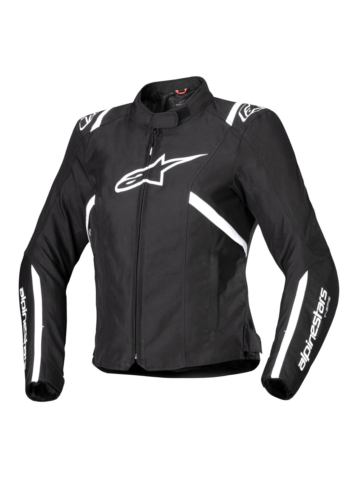 Alpinestars Stella T-SPS V2 Waterproof Jacket, Women's Motorcycle Jacket, Black and White, featuring a large white star logo on the chest, white stripes on the shoulders and sleeves, sleek racing-inspired silhouette, high collar, and durable textile fabric
