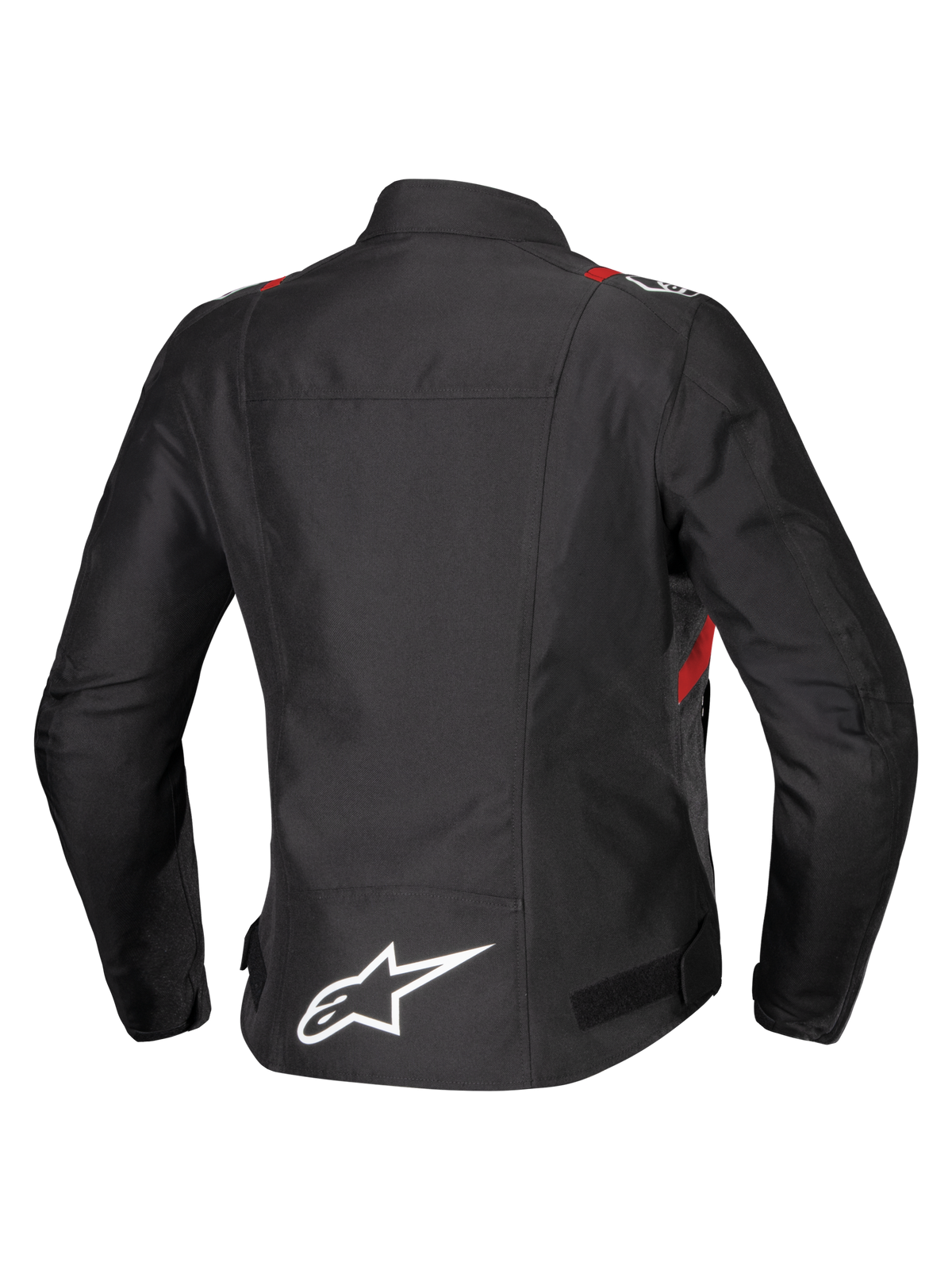 Casaco Alpinestars Stella T-SPS V2 Waterproof, vista traseira, preto com detalhes a vermelho e branco, casaco de motociclismo têxtil feminino com um logótipo Alpinestars grande a branco na parte inferior das costas e silhueta desportiva