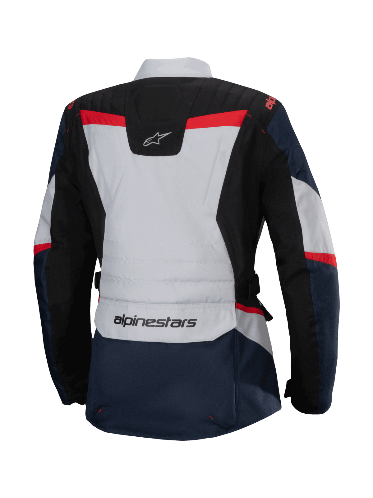 Alpinestars Stella ST-1 Waterproof Jacket, vista traseira, azul escuro e preto com detalhes em cinzento claro e vermelho vivo, casaco de aventura touring para mulher com a marca Alpinestars e construção ergonómica.