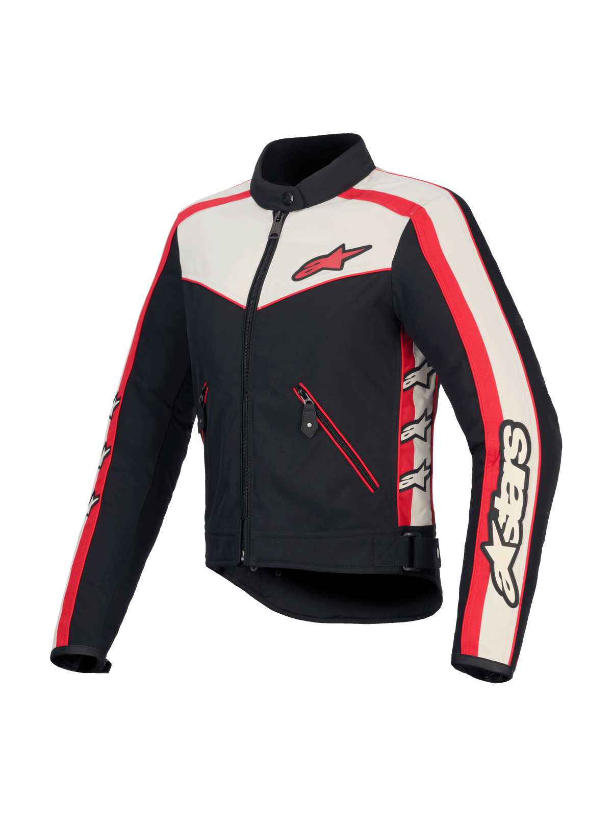 Alpinestars Stella T-Dyno Water Resistant Jacket, casaco de moto para mulher, preto, crú e vermelho brilhante, certificado CE, corte biker vintage com bolsos com fecho de correr