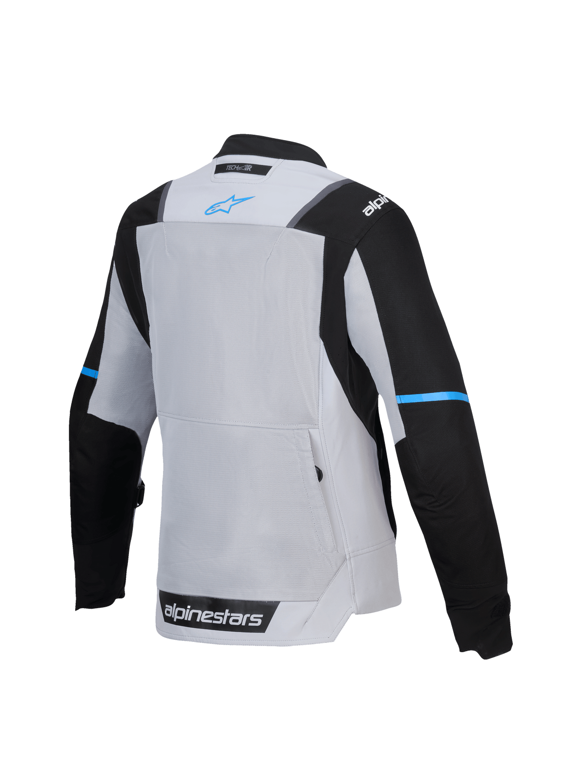 Alpinestars Jaqueta Stella ST-2 Air, blusão de moto touring para mulher, vista traseira exibindo painel de ventilação em malha e bolso traseiro, cinzento-claro e preto com branding azul, certificado CE nível AA, preparado para Tech-Air