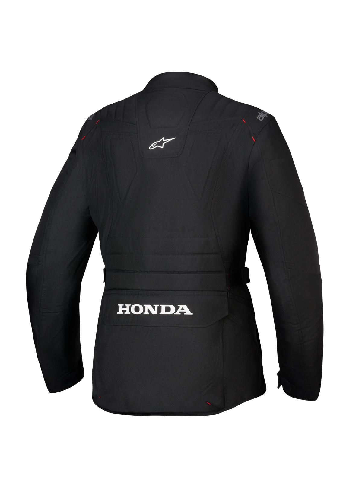 Casaco Alpinestars Honda Stella ST-1 WP, casaco de motociclismo impermeável para mulher, preto, vista traseira mostrando um grande logótipo Honda branco no bolso de carga inferior, logótipo Alpinestars na parte superior das costas, construção em têxtil técnico com silhueta adventure touring e detalhes de costuras vermelhas.