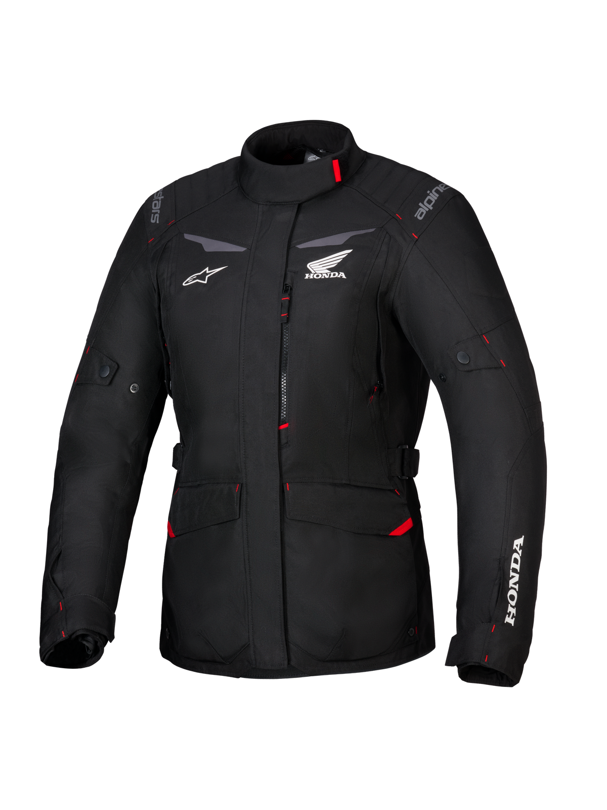 Casaco Alpinestars Honda Stella ST-1 WP, casaco de touring impermeável para mulher, preto com pormenores vermelhos e logótipos Honda brancos, gola alta, fecho de correr frontal, bolsos de carga expansíveis, equipamento de aventura em têxtil resistente.