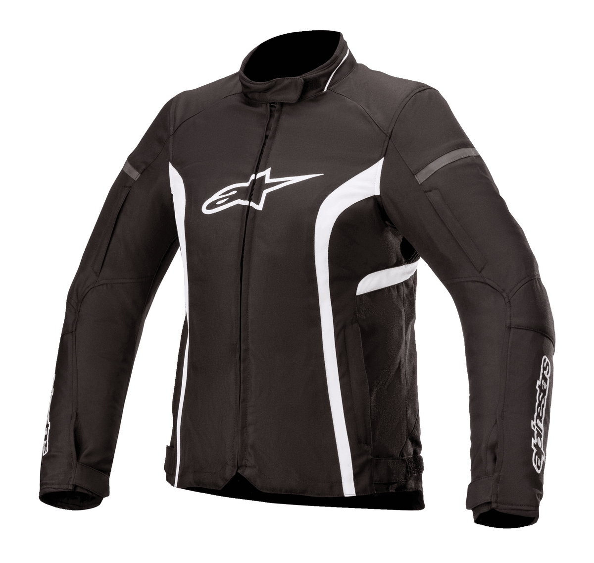Alpinestars Stella T-Kira V2 Waterproof Jacket, casaco de motociclismo têxtil para mulher, preto e branco, com gola alta, fecho central, logótipo branco no peito e riscas brancas curvas nas laterais, design desportivo para estrada