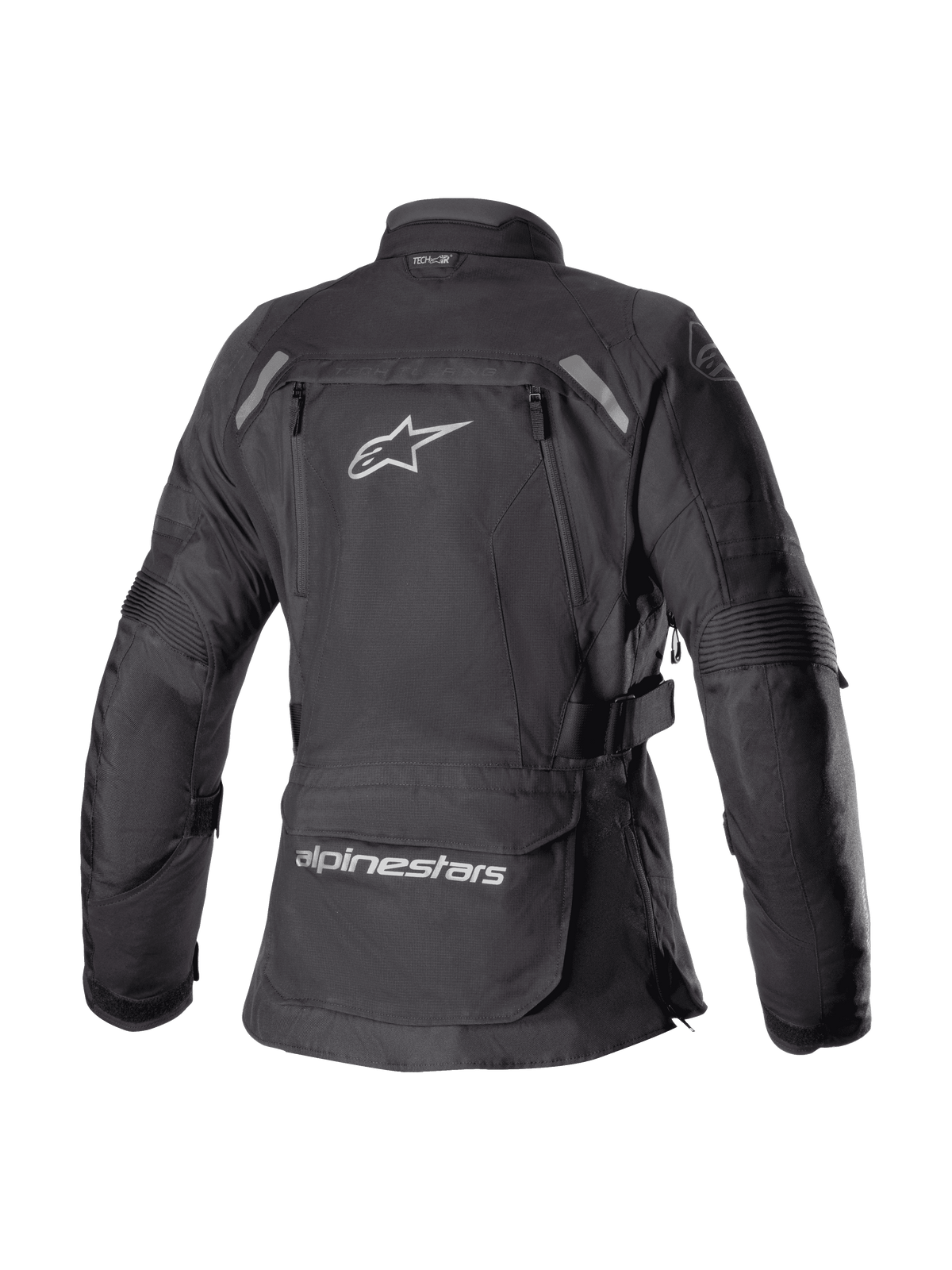 Alpinestars Stella Bogota' Pro Drystar® Jacket para Mulher, preto, vista traseira de casaco têxtil de aventura e touring com logótipo Astar branco grande, bolso de armazenamento na zona lombar com marca e detalhes refletores nos ombros