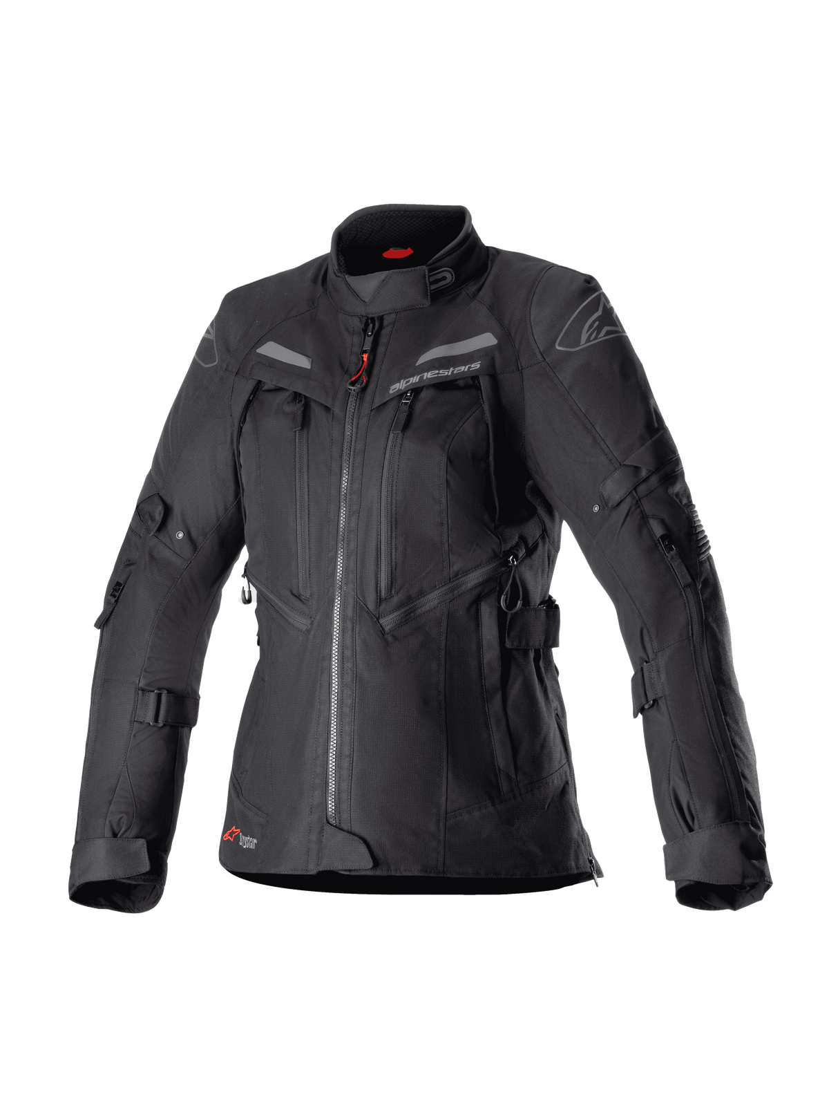 Alpinestars Stella Bogota Pro Drystar para mulher, casaco de motociclismo de aventura e turismo preto, construção têxtil impermeável com vários fechos frontais e painéis de ventilação, correias ajustáveis nas mangas e cintura, detalhes subtis em vermelho e marca Alpinestars