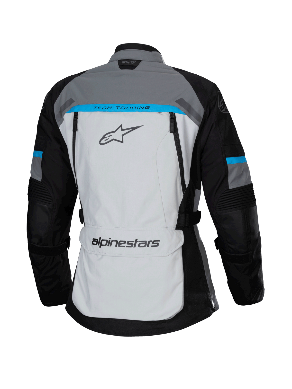 Alpinestars Stella Bogotá Pro Drystar® Jacket, Ice Gray, Black and Cyan, back view featuring a large light gray panel with 'TECH TOURING' branding, black sleeves with cyan accents, and lower back storage pocket.