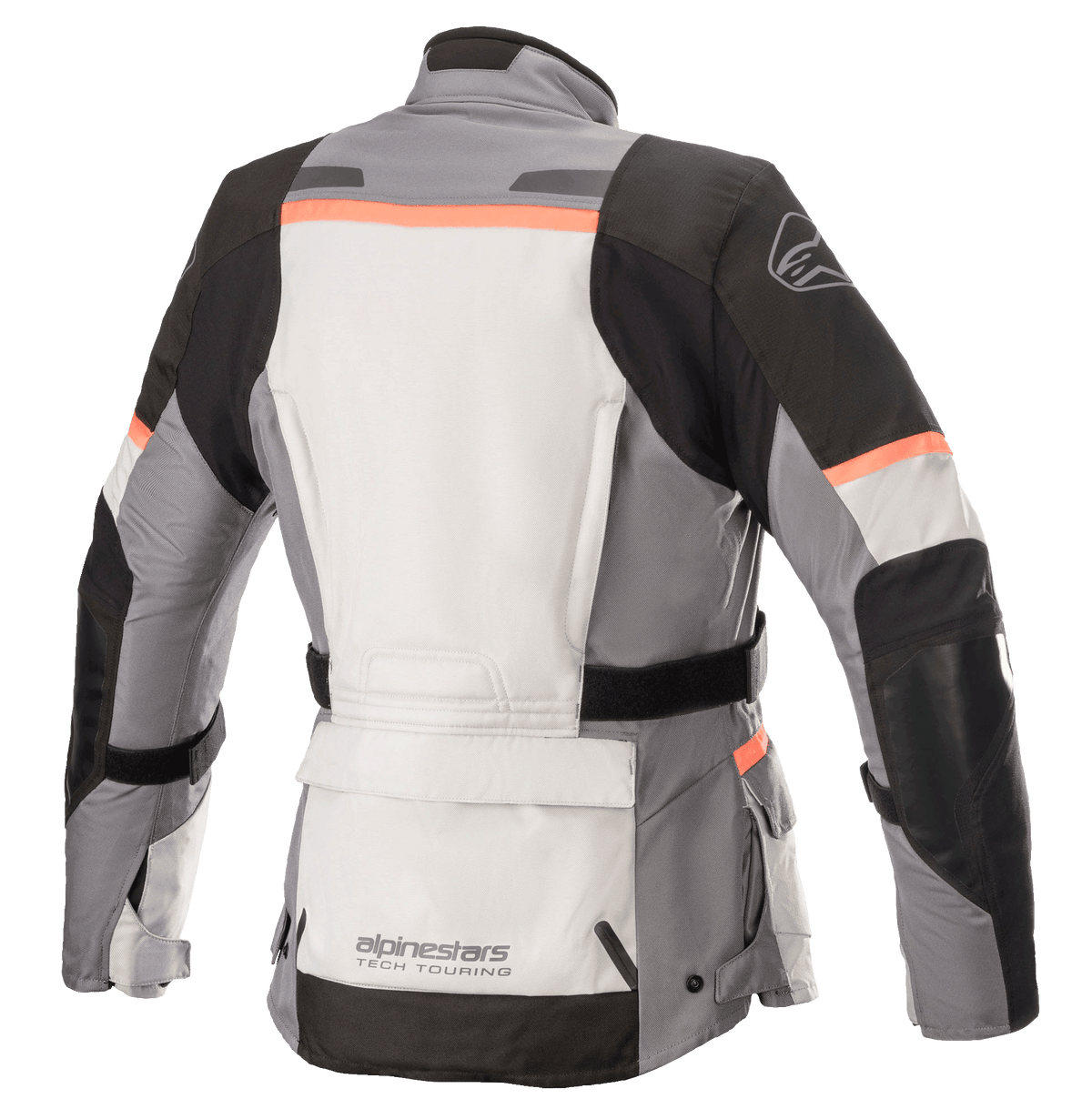 Alpinestars Jaqueta Stella Andes V3 Drystar® Feminina, casaco de motociclismo, cinzento gelo, cinzento escuro, preto e coral, vista traseira com um grande bolso utilitário na zona lombar, cinto ajustável na cintura e detalhes em coral nos ombros e nas costas.