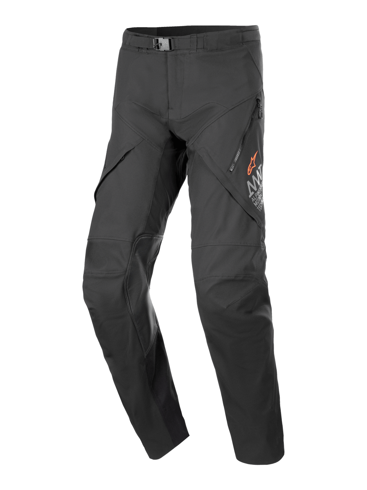 Alpinestars AMT-8 Stretch Drystar XF Pants, Black motorcycle touring pants, featuring zippered thigh ventilation ports, orange star logo branding, adjustable waist buckle, and reinforced knee panels, durable stretch performance fabric