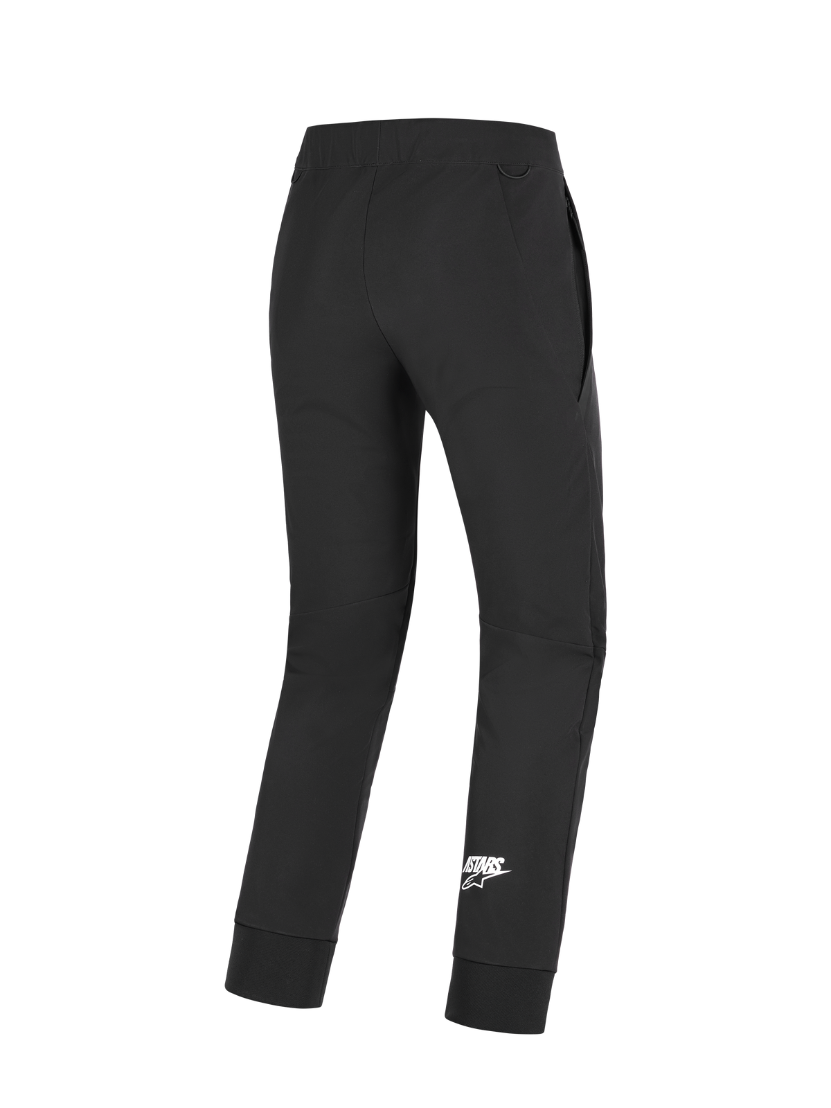 Calças Alpinestars Aeroshell, calças de motociclismo, pretas, vista traseira que mostra o logótipo branco Astars na parte inferior da perna, em tecido softshell elástico, com joelhos pré-curvados e bainhas elásticas