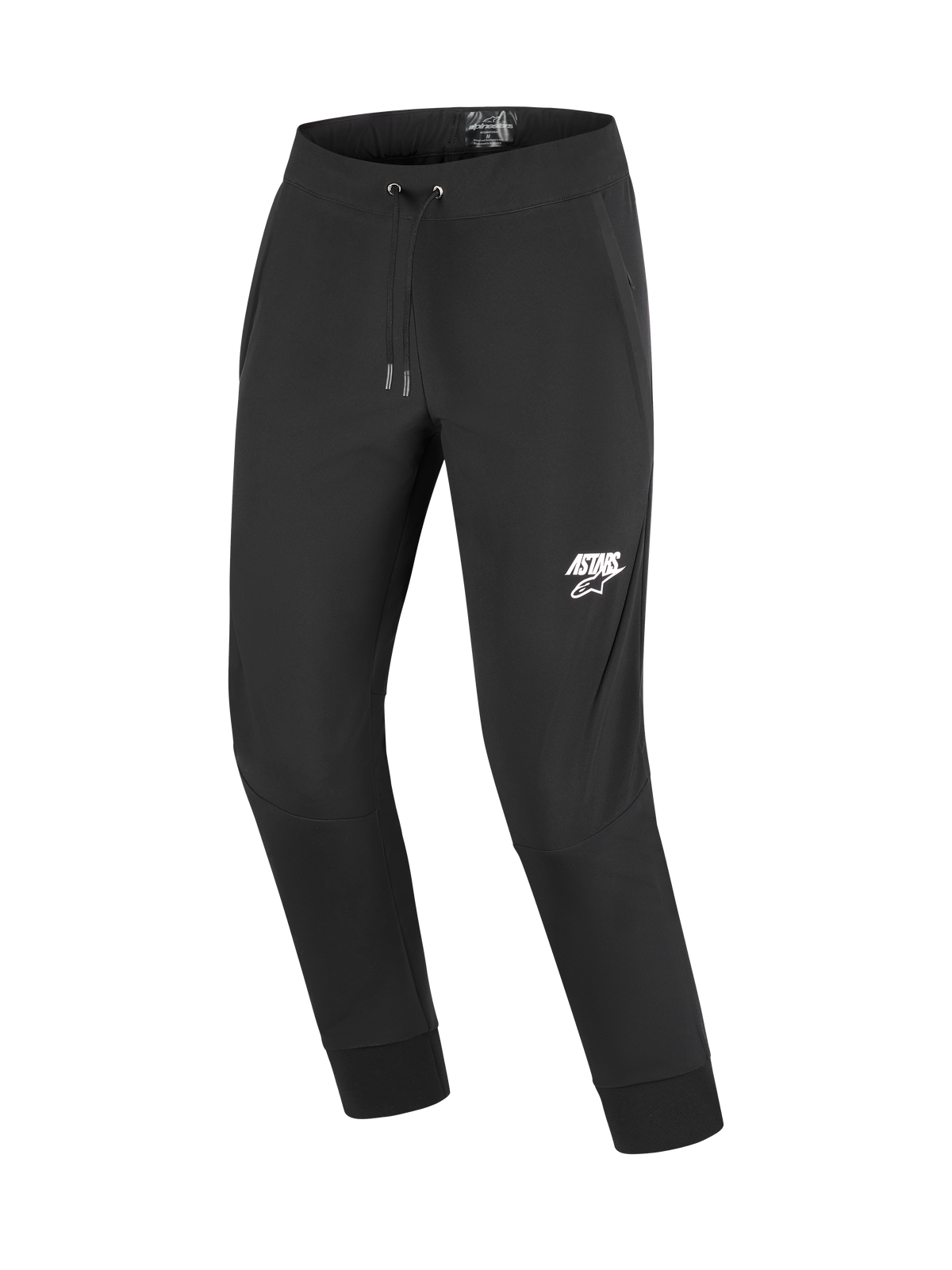 Calças Alpinestars Aeroshell, calças de motociclismo softshell, pretas com logótipo ASTARS branco na coxa esquerda, com cintura elástica com cordão e punhos canelados nos tornozelos, concebidas para condutores urbanos e de touring casual