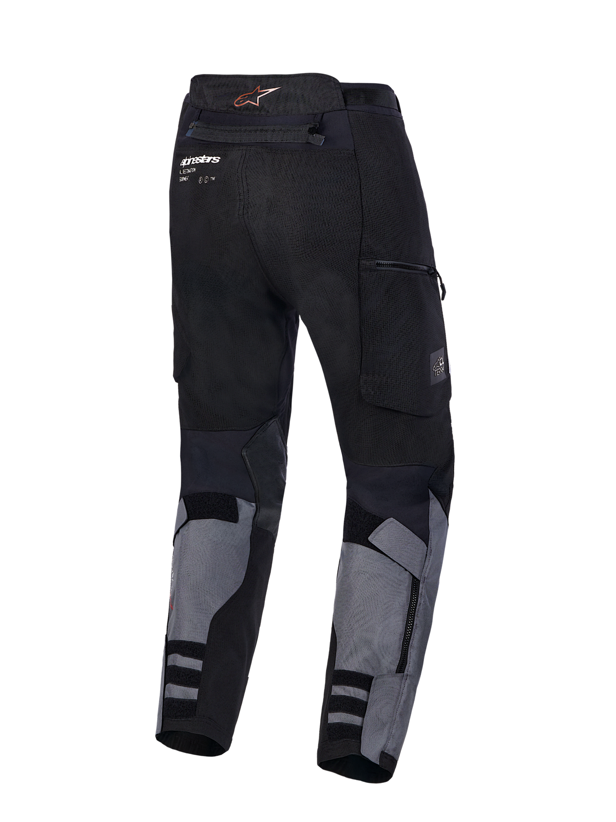 Alpinestars Harok V 2 Drystar Calças, calças de moto touring de aventura, cinzentas escuras e pretas, vista traseira mostrando a construção em tecido durável e bolsos cargo
