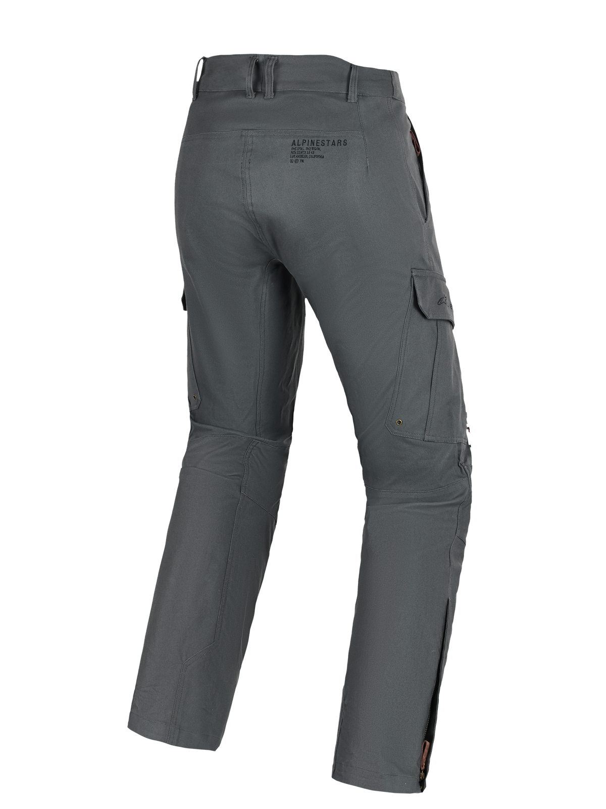 Calças Alpinestars Borrego Drystar®, calças de motociclismo de aventura, cinzento antracite, vista traseira mostrando bolsos de carga, logótipo traseiro e fechos nas panturrilhas, material têxtil durável com aspeto de lona encerada