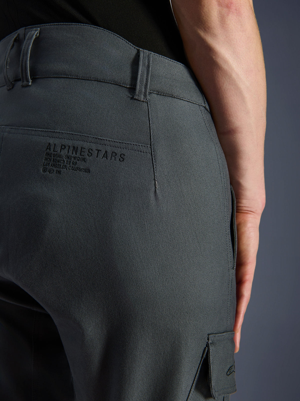 Alpinestars Borrego Drystar® Pants, calças de motociclismo, cinza antracite, grande plano da zona traseira da anca com marca e slogan da Alpinestars, têxtil durável com aspeto de lona encerada, vestuário de condução de aventura