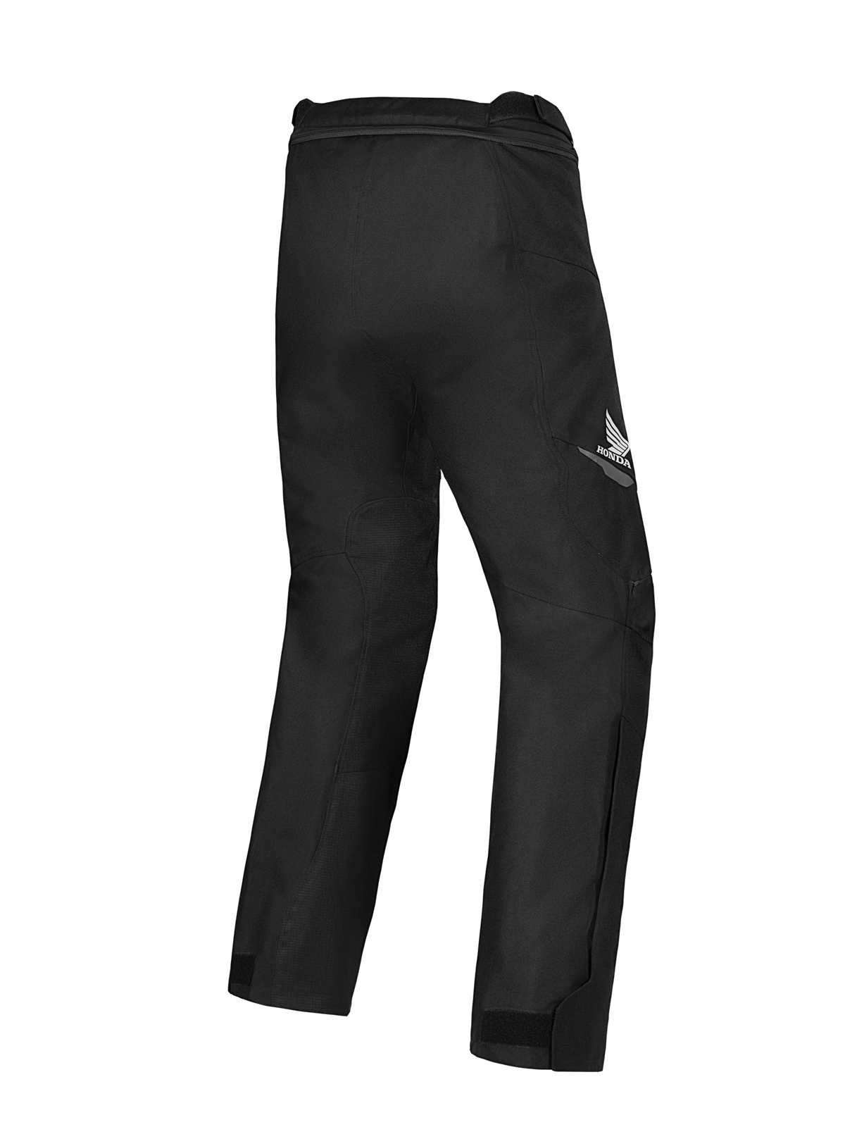 Alpinestars Honda ST-1 Waterproof Pants, calças de motociclismo touring, pretas, vista traseira mostrando o logótipo da asa da Honda na coxa, design têxtil simplificado com mobilidade ergonómica e fecho de ligação na cintura.