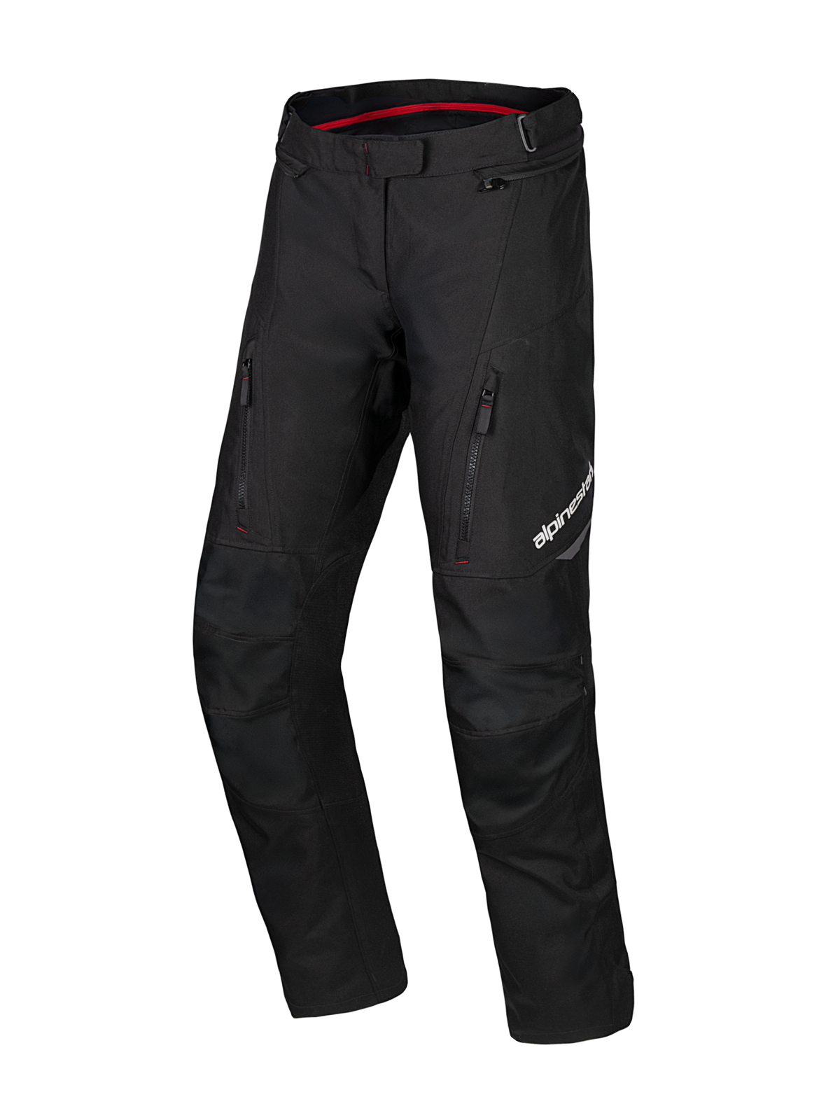Alpinestars Honda ST-1 Waterproof Pants, calças de motociclismo para turismo, pretas com detalhe interior vermelho, bolsos de carga com fecho de correr nas coxas, pernas ergonómicas pré-curvadas com joelhos reforçados, equipamento têxtil de aventura impermeável