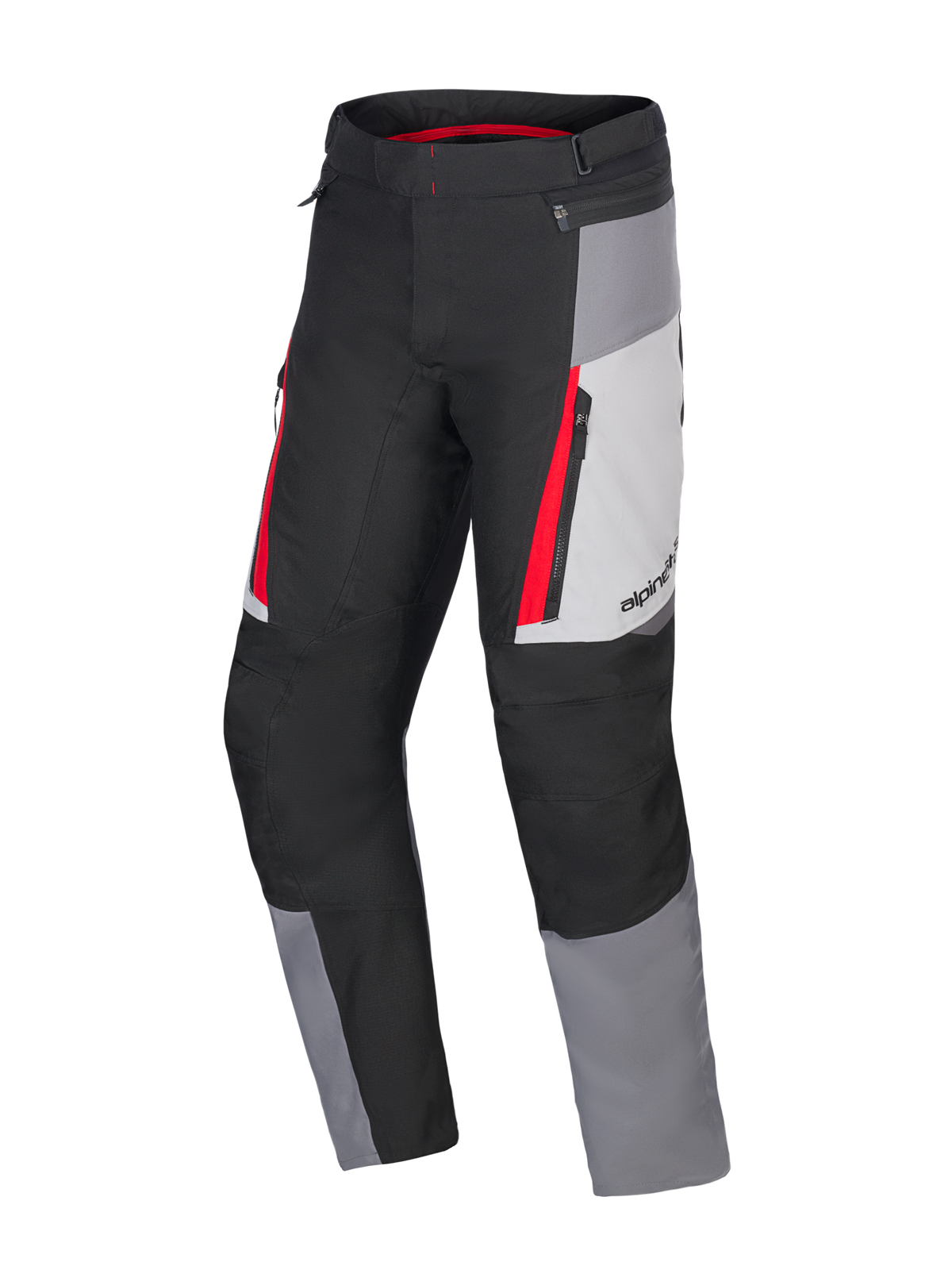 Calças Alpinestars Honda ST-1 Waterproof, calças de turismo para motociclismo, cinzento gelo, cinzento escuro e preto com detalhes vermelhos, construção em tecido técnico com forro impermeável, bolsos cargo com fecho de correr e pernas ergonómicas pré-curvadas