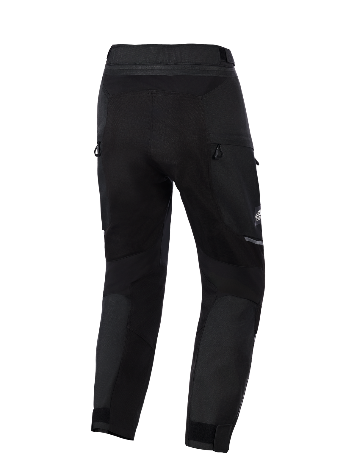 Alpinestars Cusco Drystar® Pants, calças de aventura para motociclismo, pretas, vista traseira com ventilação por fecho de correr e painéis elásticos, construção têxtil durável com detalhes refletores