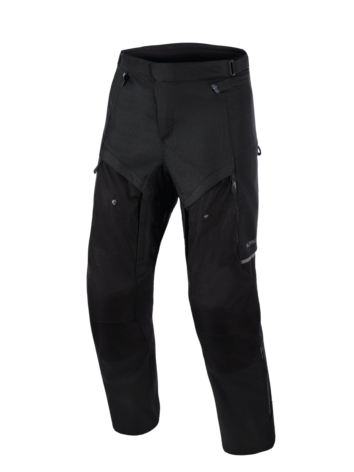 Calças Alpinestars Cusco Drystar®, calças de motociclismo de aventura, pretas, vista frontal, com painéis de ventilação com fecho de correr nas coxas, construção durável em tecido ripstop e design ergonómico para estrada e turismo de aventura