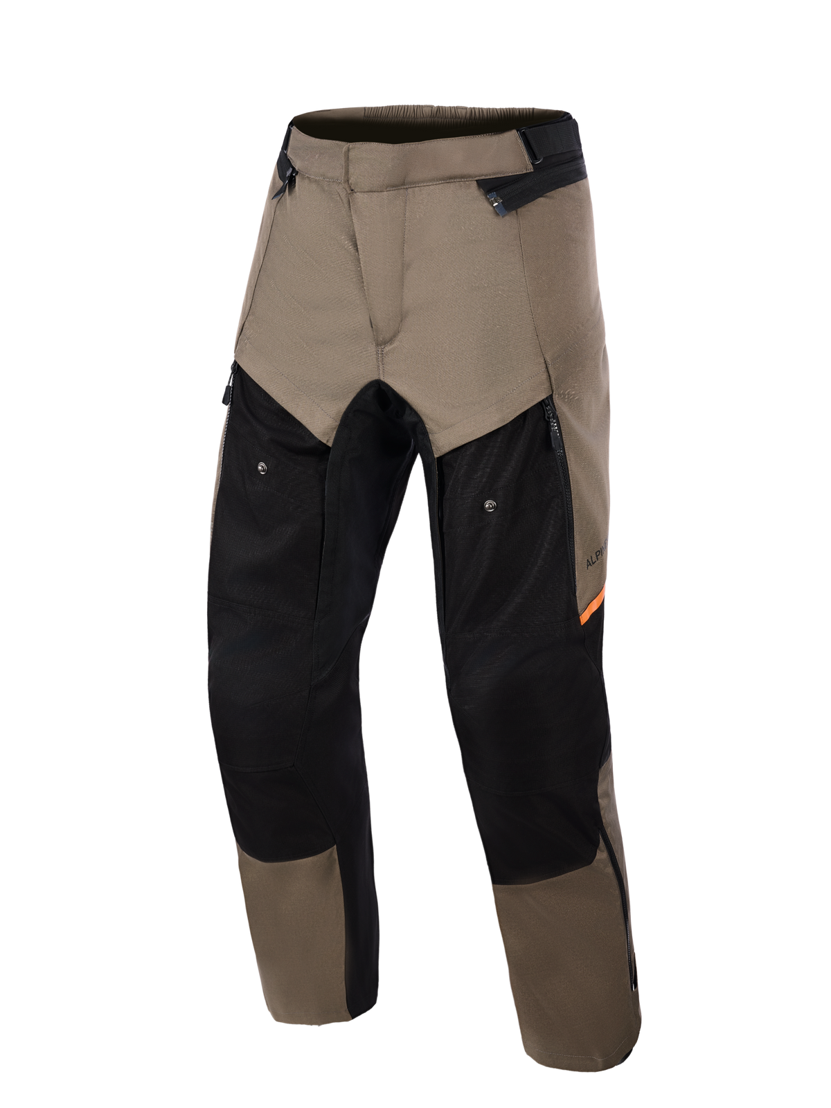 Alpinestars Cusco Drystar® Pants, calças de motociclismo de aventura Walnut Black, vista frontal, com painéis castanho nogueira e pretos com detalhes laranja, ampla ventilação com fecho nas coxas e construção têxtil durável.