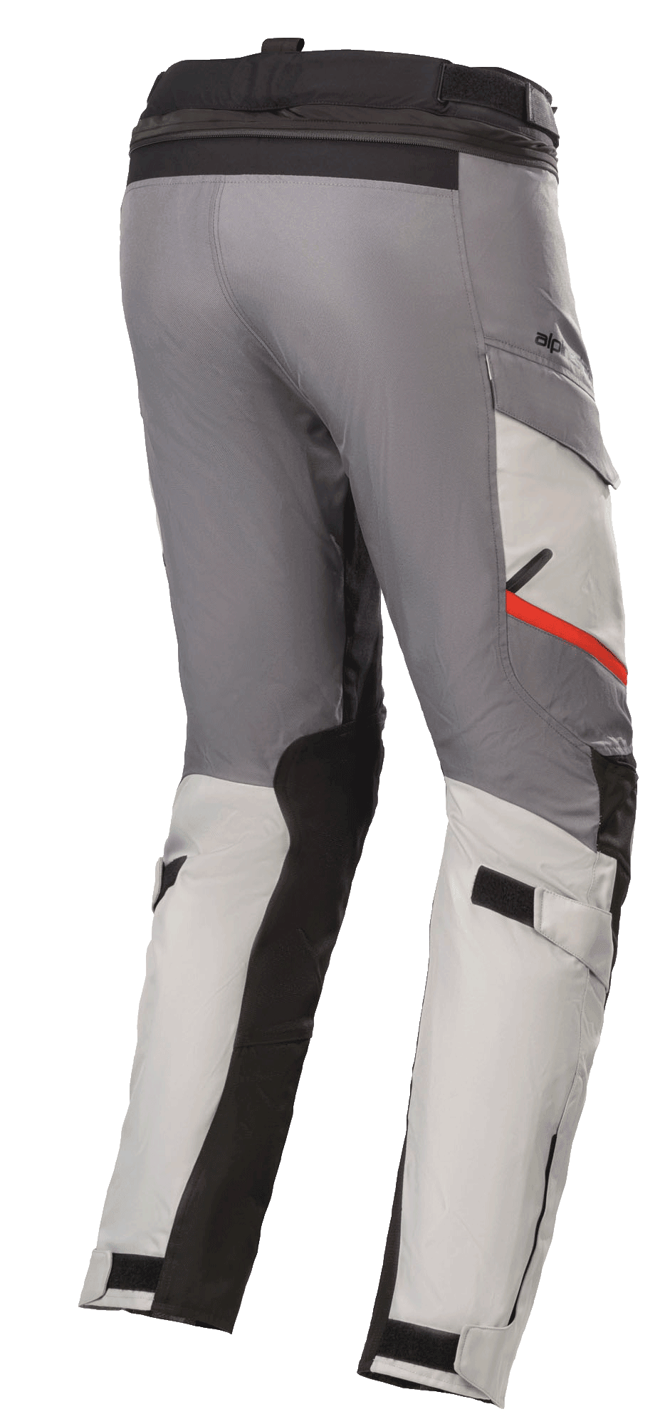 Alpinestars Andes V3 Drystar® Pants, Motorcycle Touring Pants, Ice Gray and Dark Gray, featuring black reinforcement panels and a red accent on the pocket, adjustable waist and calf straps, durable textile construction for adventure riding